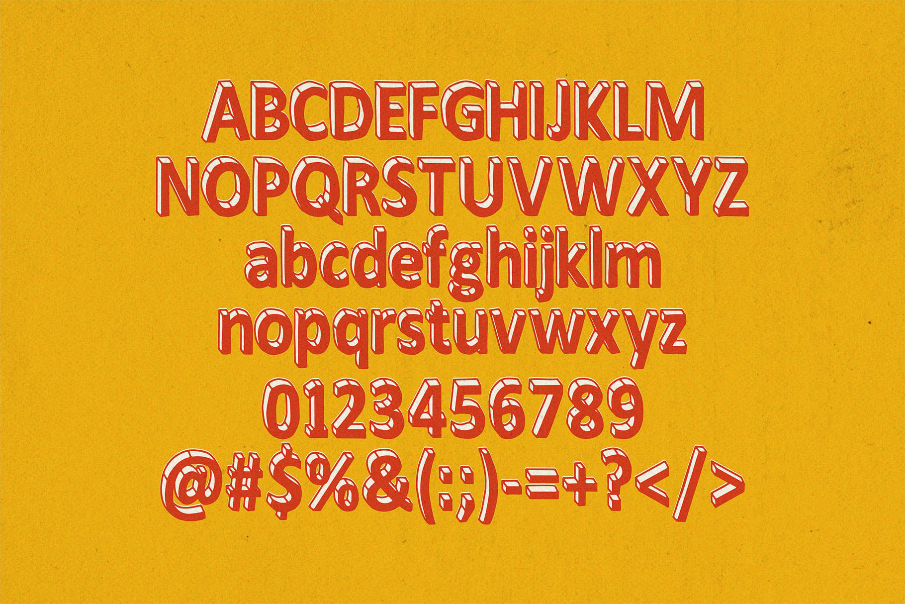 Bold red 3D typeface with white outline on mustard yellow background showing uppercase, lowercase, numbers, symbols