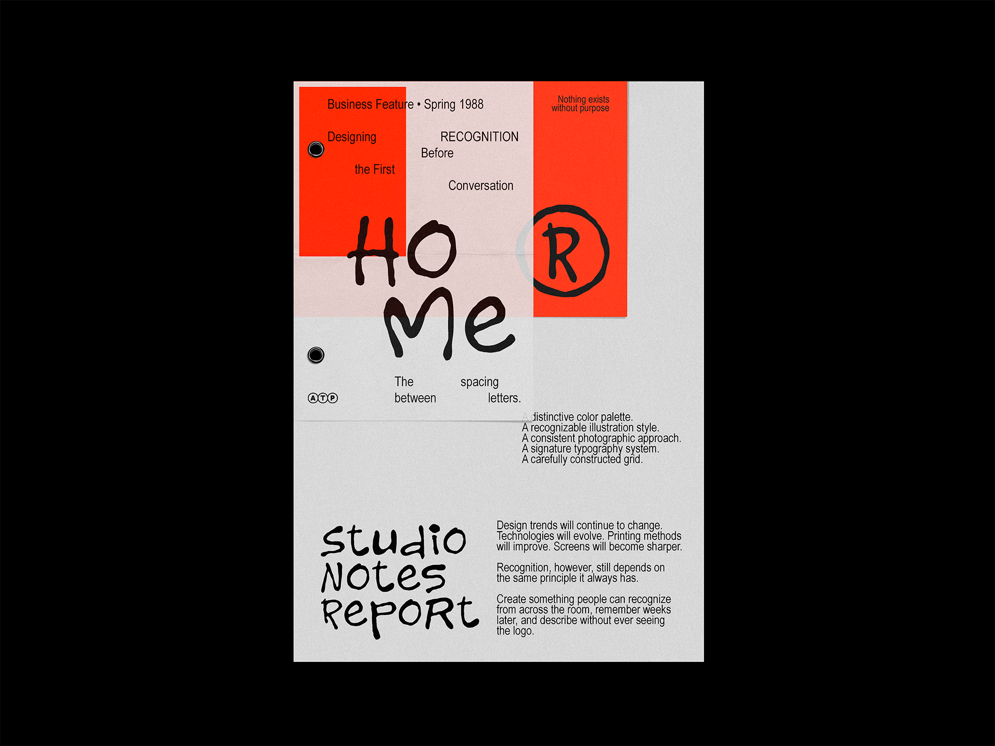 Magazine spread with bold red blocks, handwritten text, circular logo, typography layout from spring 1988