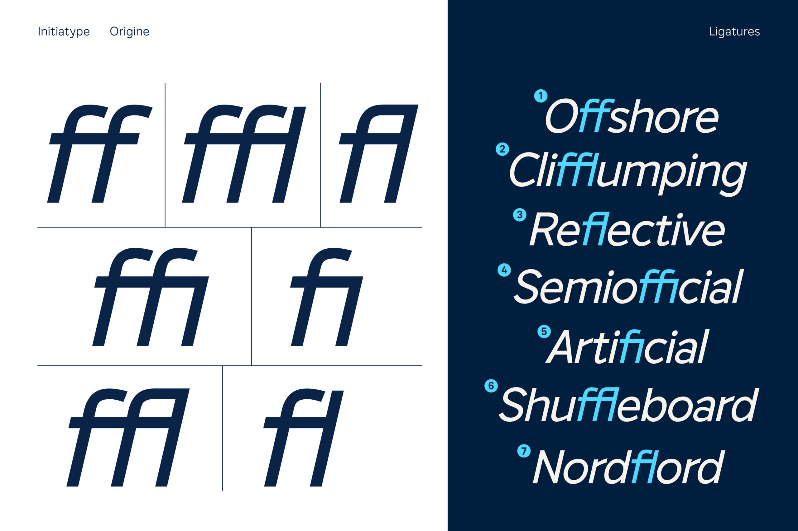 Font weight variations with ff ligatures shown in navy, plus seven stylistic alternates displayed on dark blue