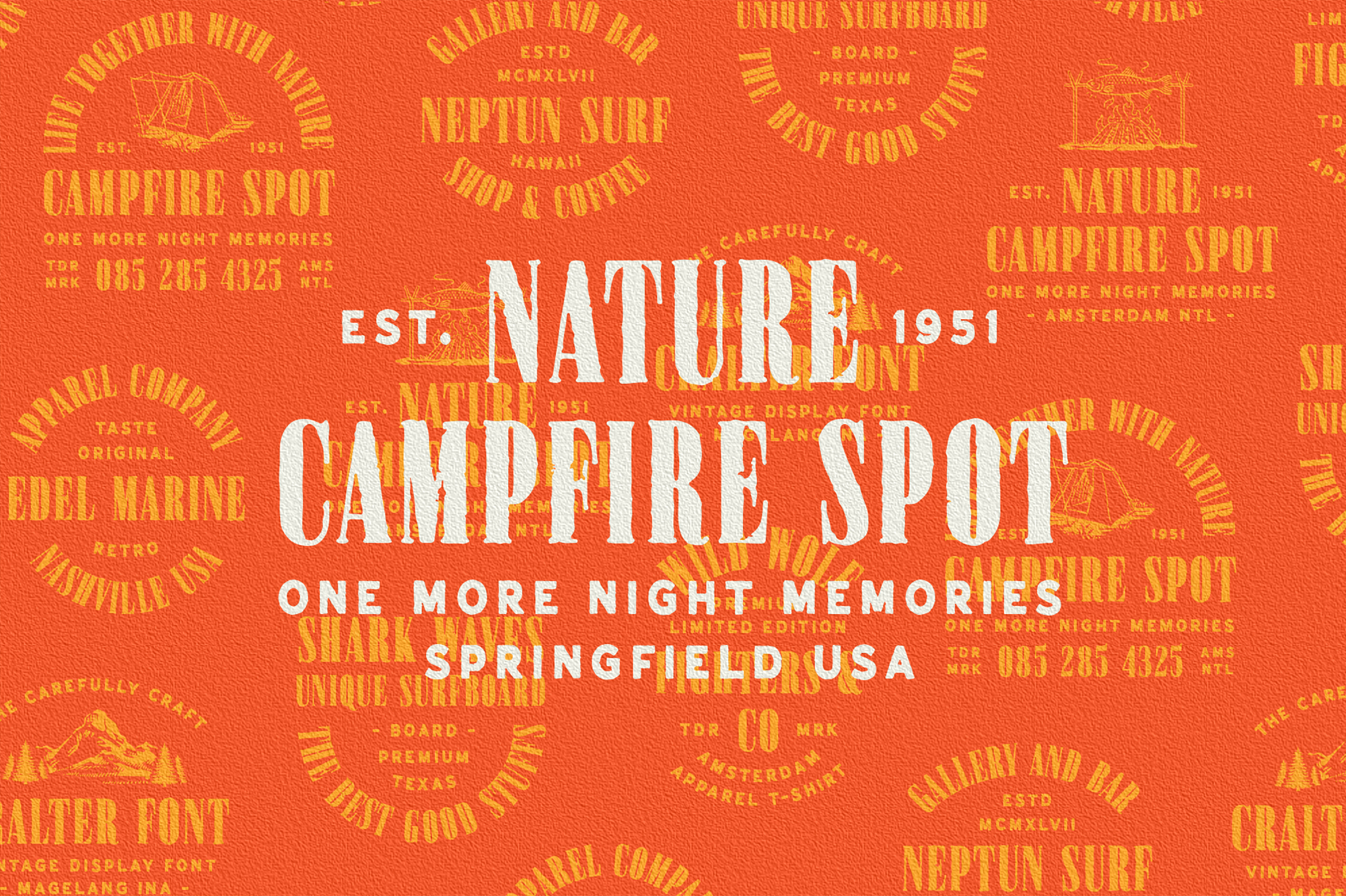 Bright orange background layered with retro camping badges, bold white vintage display font reading "Nature Campfire Spot"