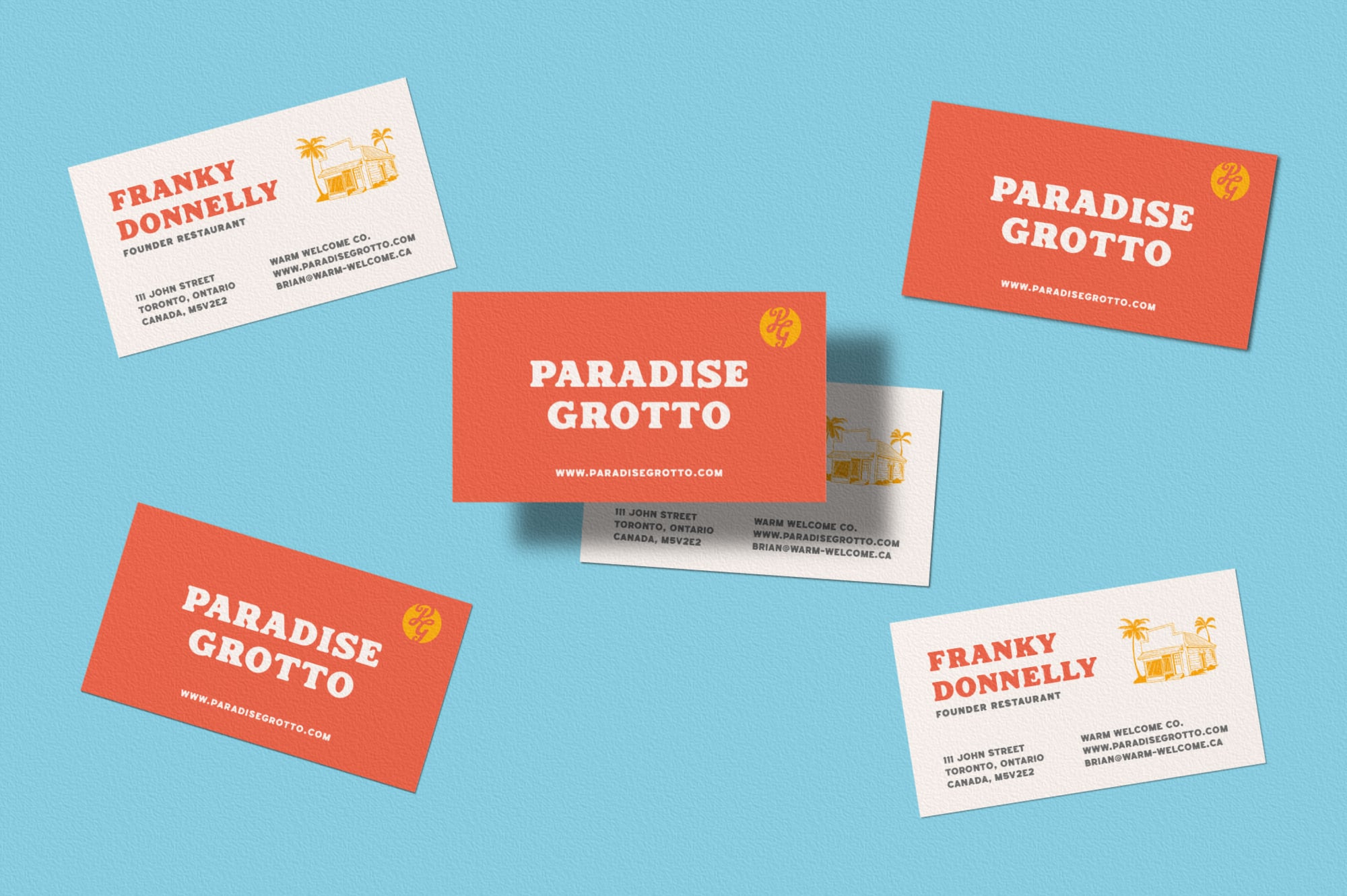 Business card mockup with tropical restaurant branding on bright blue background