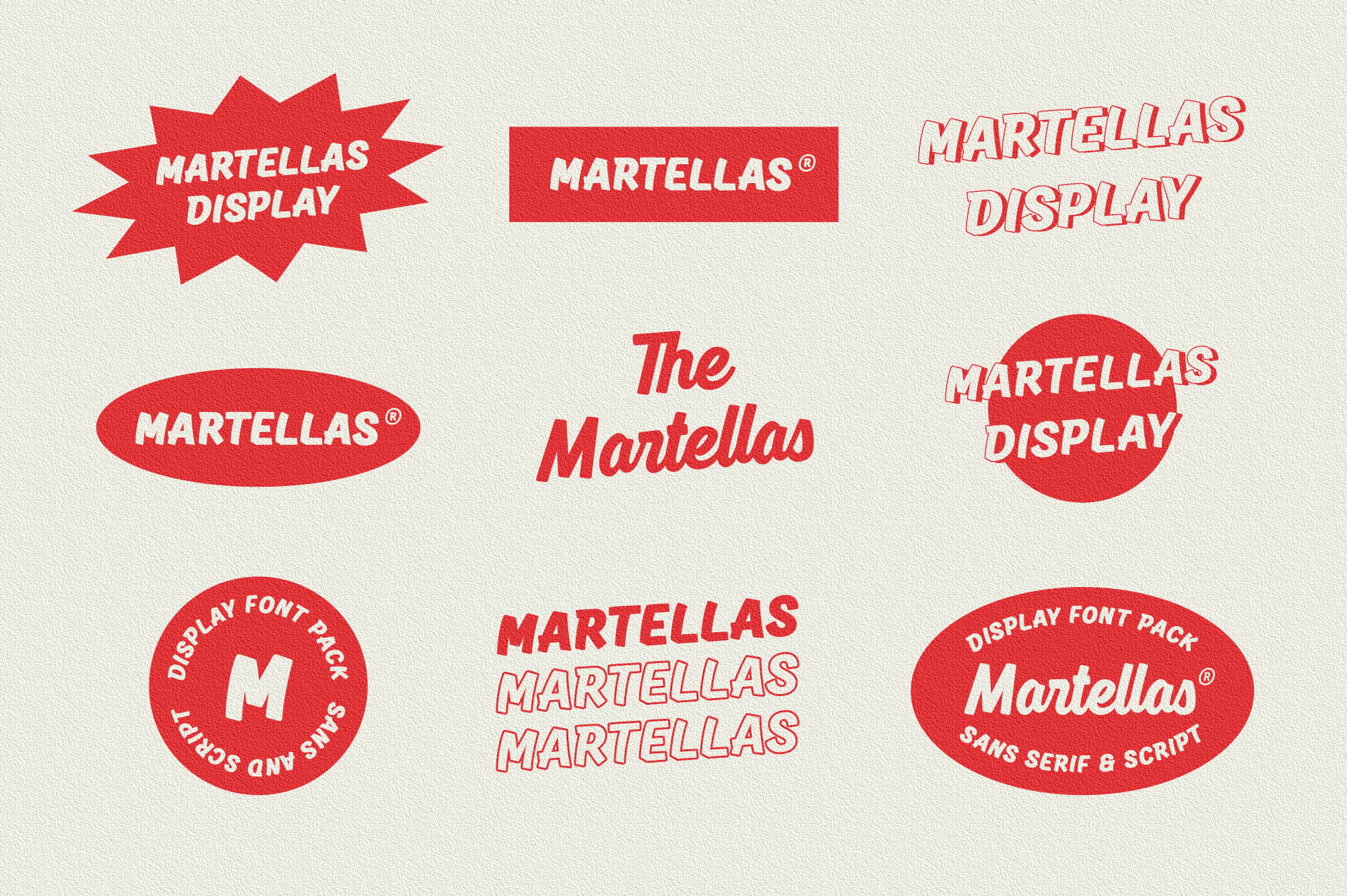 Martellas Display font with nine red logo badge variations on cream background