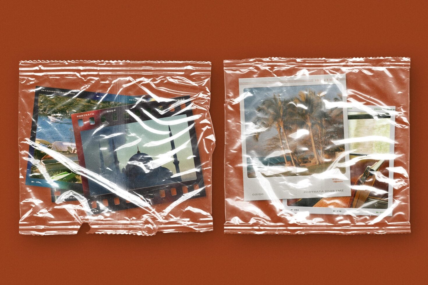 Sealed ziplock bags with layered photo prints, architectural shots, plus white tape streaks on rust background