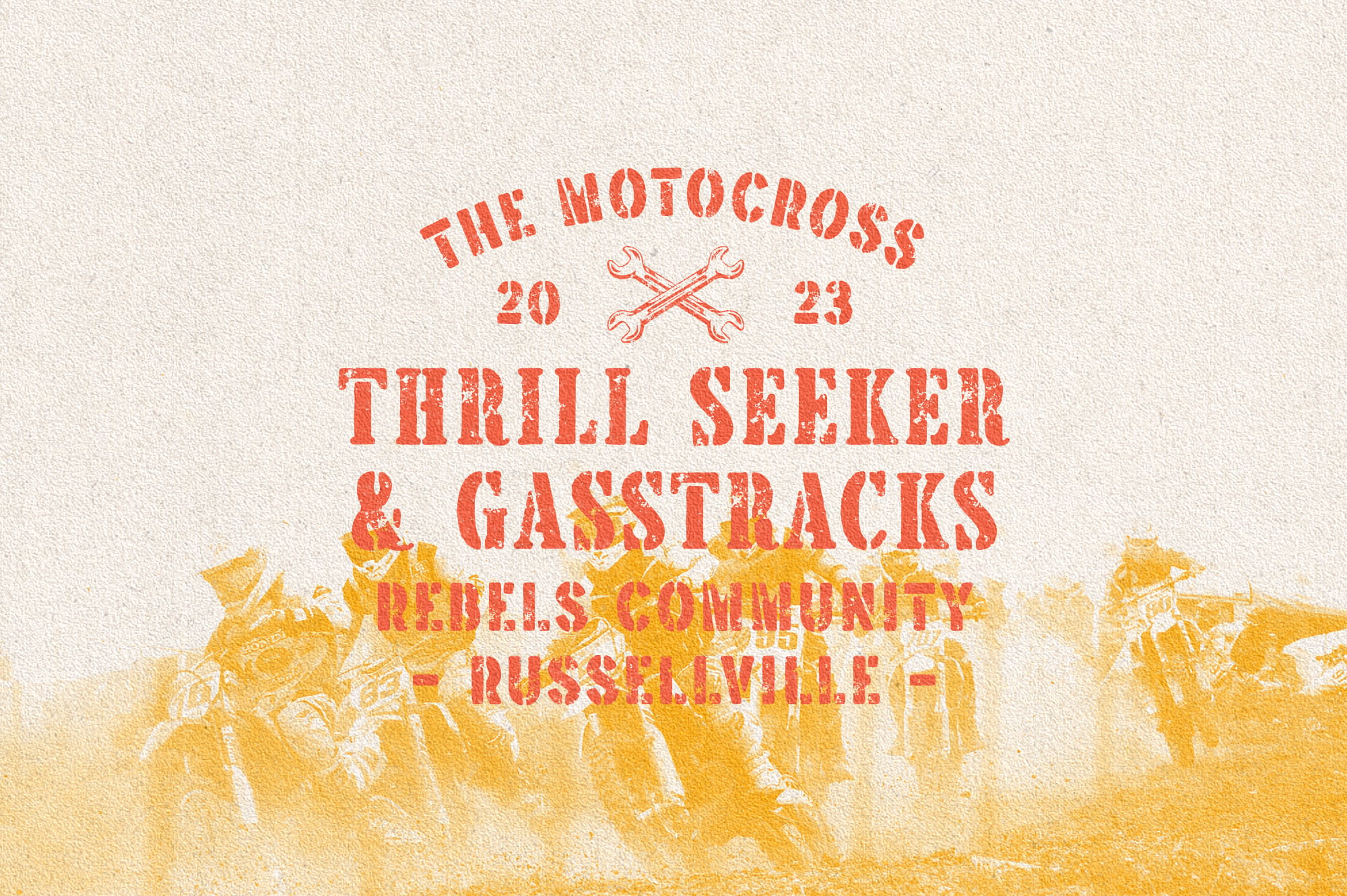 Retro motocross event poster with distressed red text, crossed wrenches, dusty desert bikes fading into yellow background