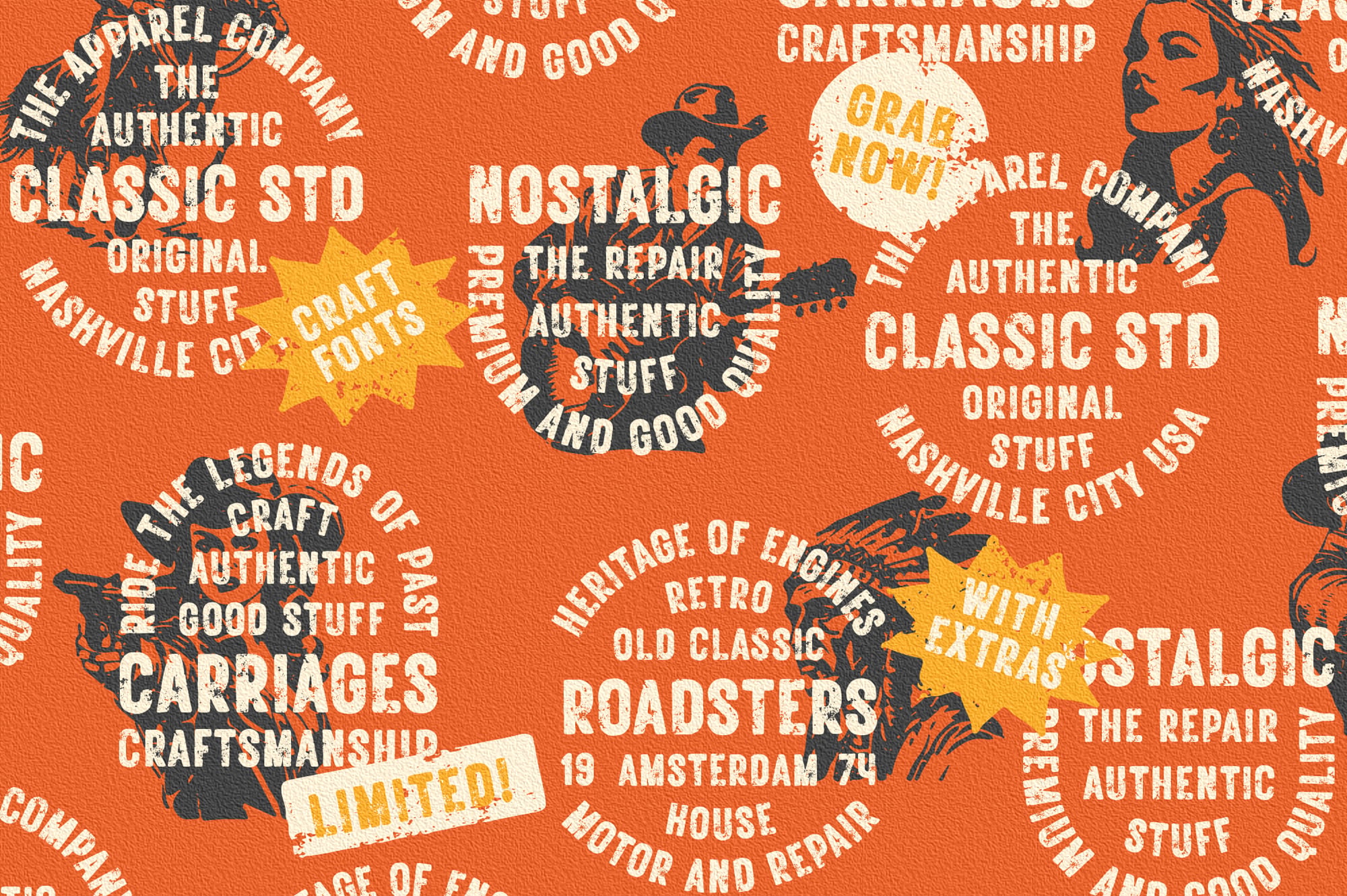 Retro orange fabric with overlapping vintage typography, portraits, stars, circular badges scattered across bright background