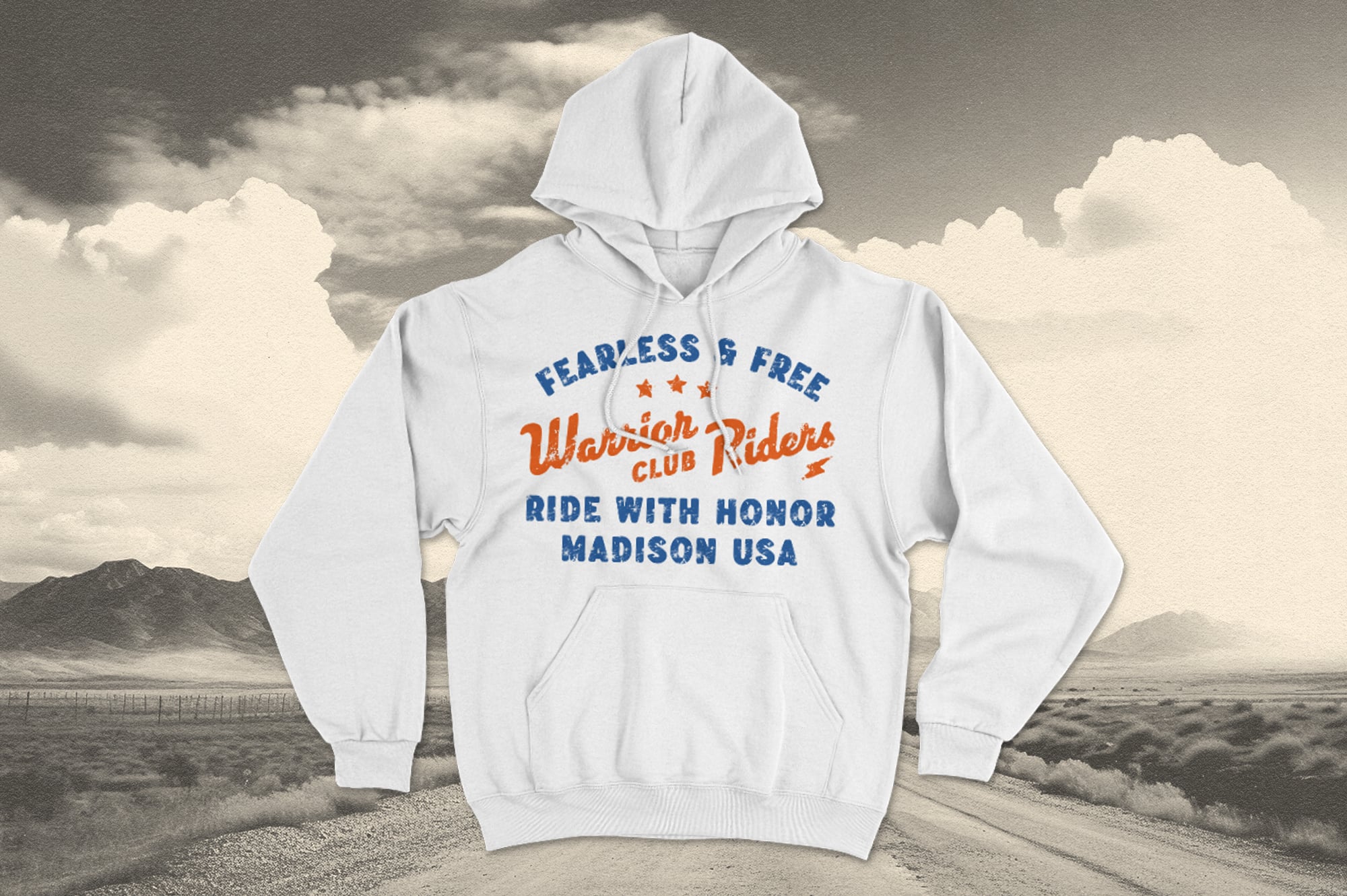 White hoodie mockup with retro Warrior Club Riders graphic, desert landscape background