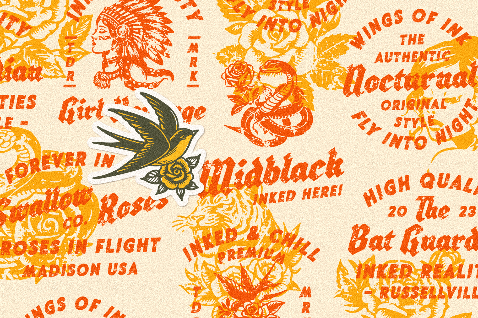 Vintage tattoo flash pattern with swallows, roses, snakes in orange, gold, cream tones