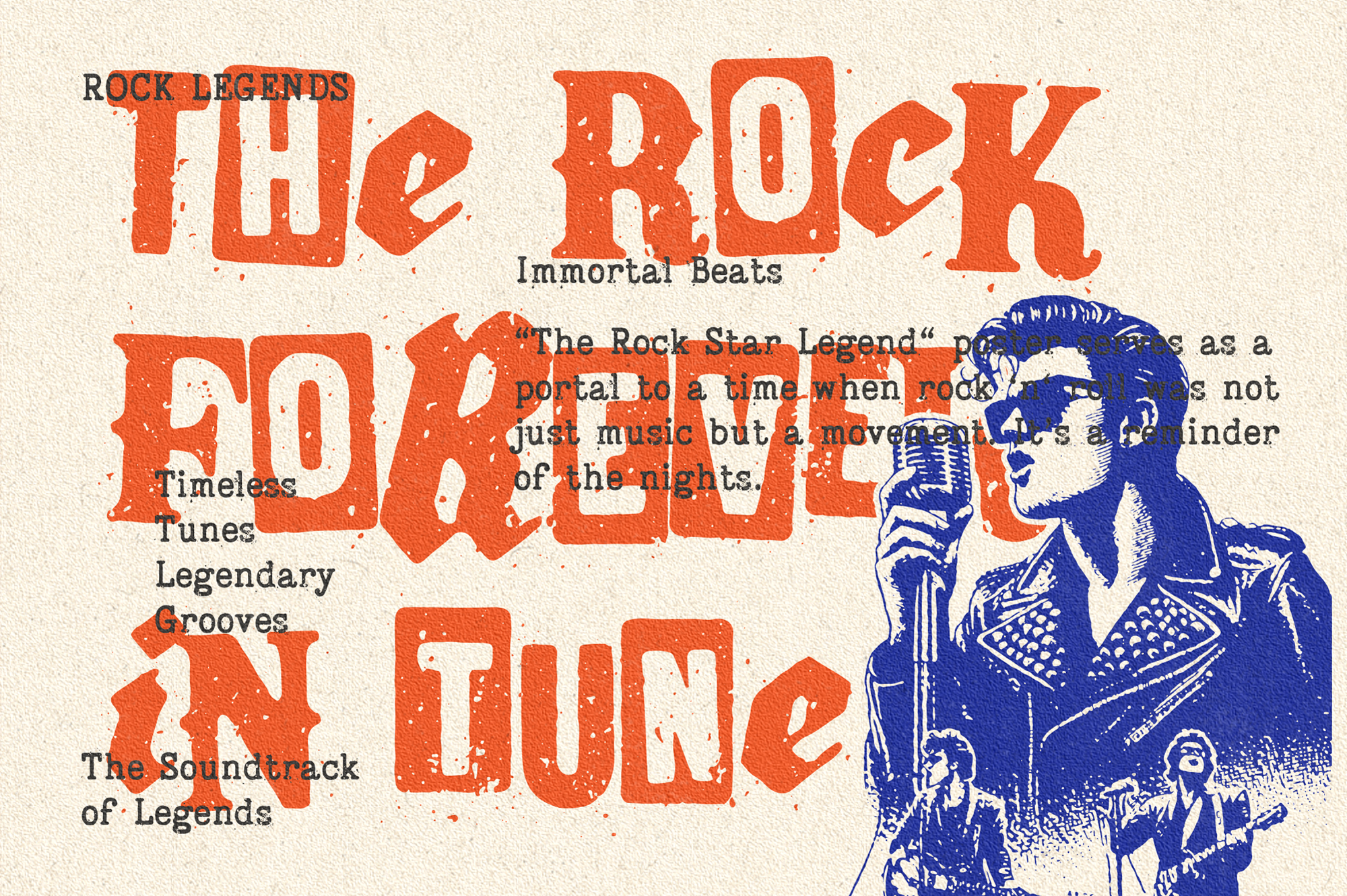 Vintage rock poster with bold orange lettering, blue singer illustration, distressed texture, cream background