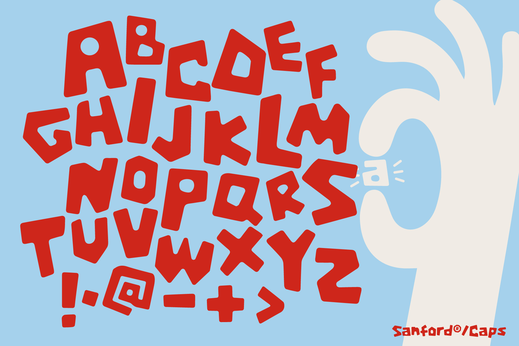 Bold red display font with chunky rounded letters on soft blue background with cream hand illustration