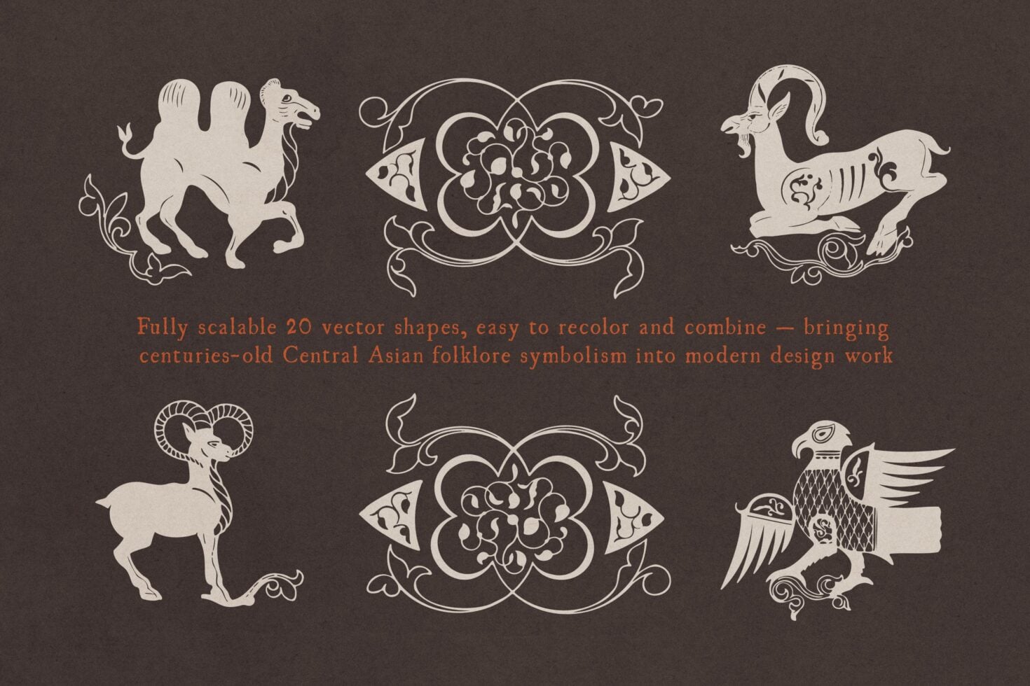 Central Asian folklore vector shapes with camels, ornaments, birds in cream outline style