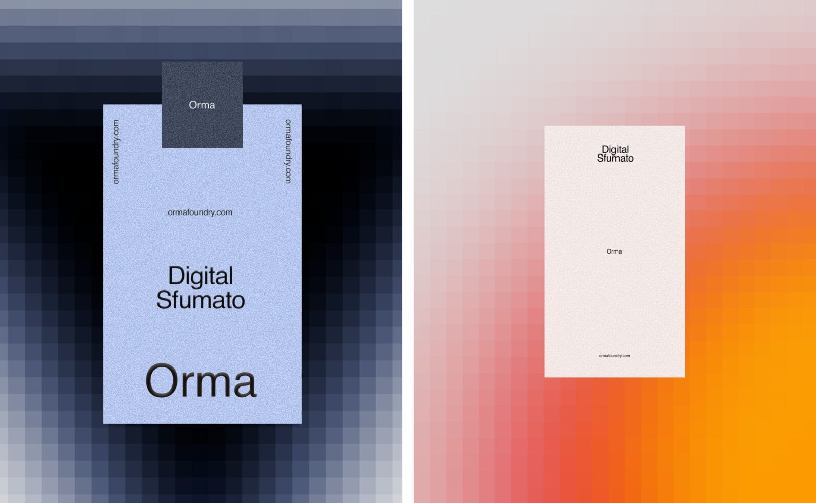 Orma stationery mockup showing letterhead, business card, with gradient backgrounds in blue tones, pink to orange