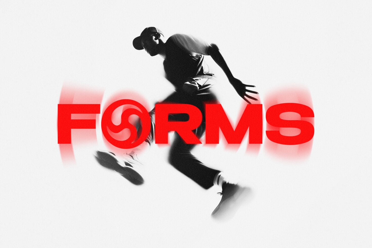 Dynamic silhouette of jumping athlete with bold red "FORMS" text overlay, motion blur effect