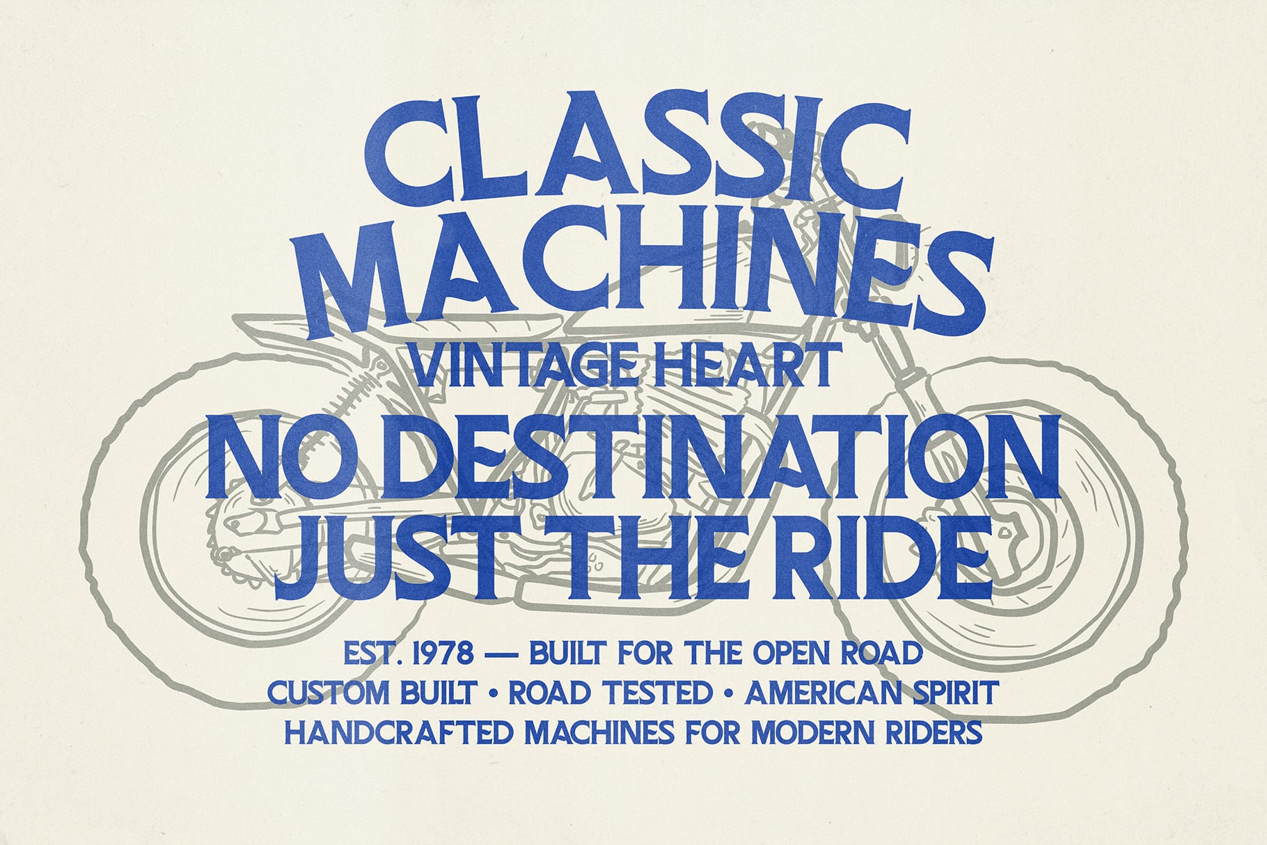 Retro motorcycle badge design with bold blue lettering on cream background, vintage vibes