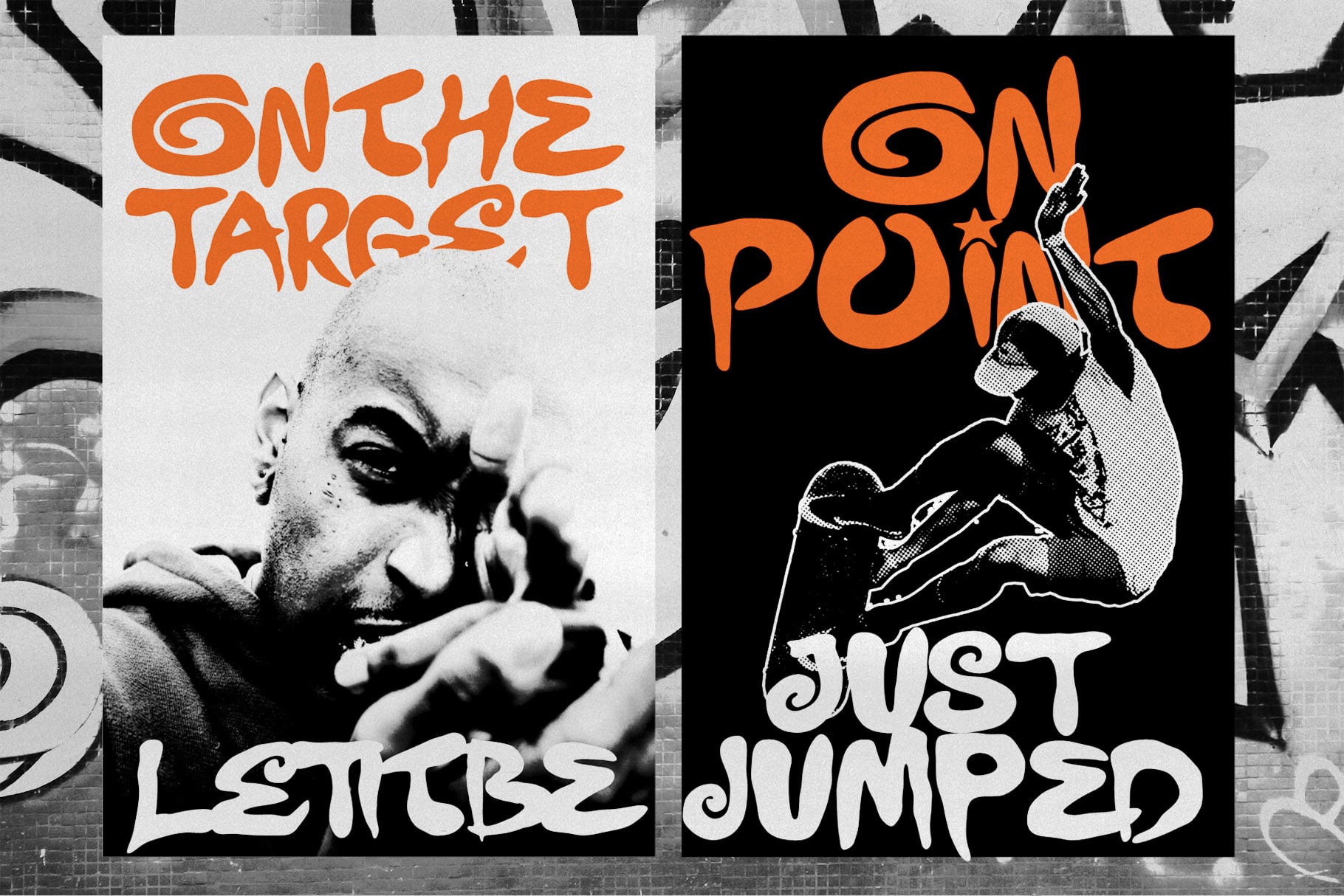 Two bold retro posters with orange type over black, white photography, edgy street art vibes