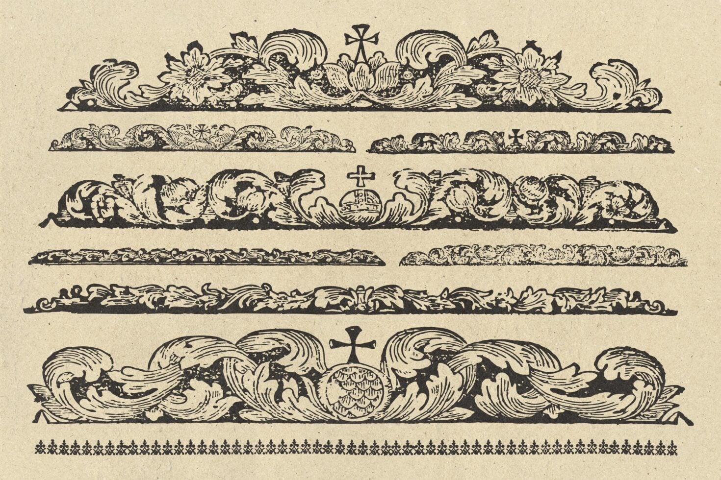 Ornate vintage dividers with flourishes, crosses, flowers on cream paper texture