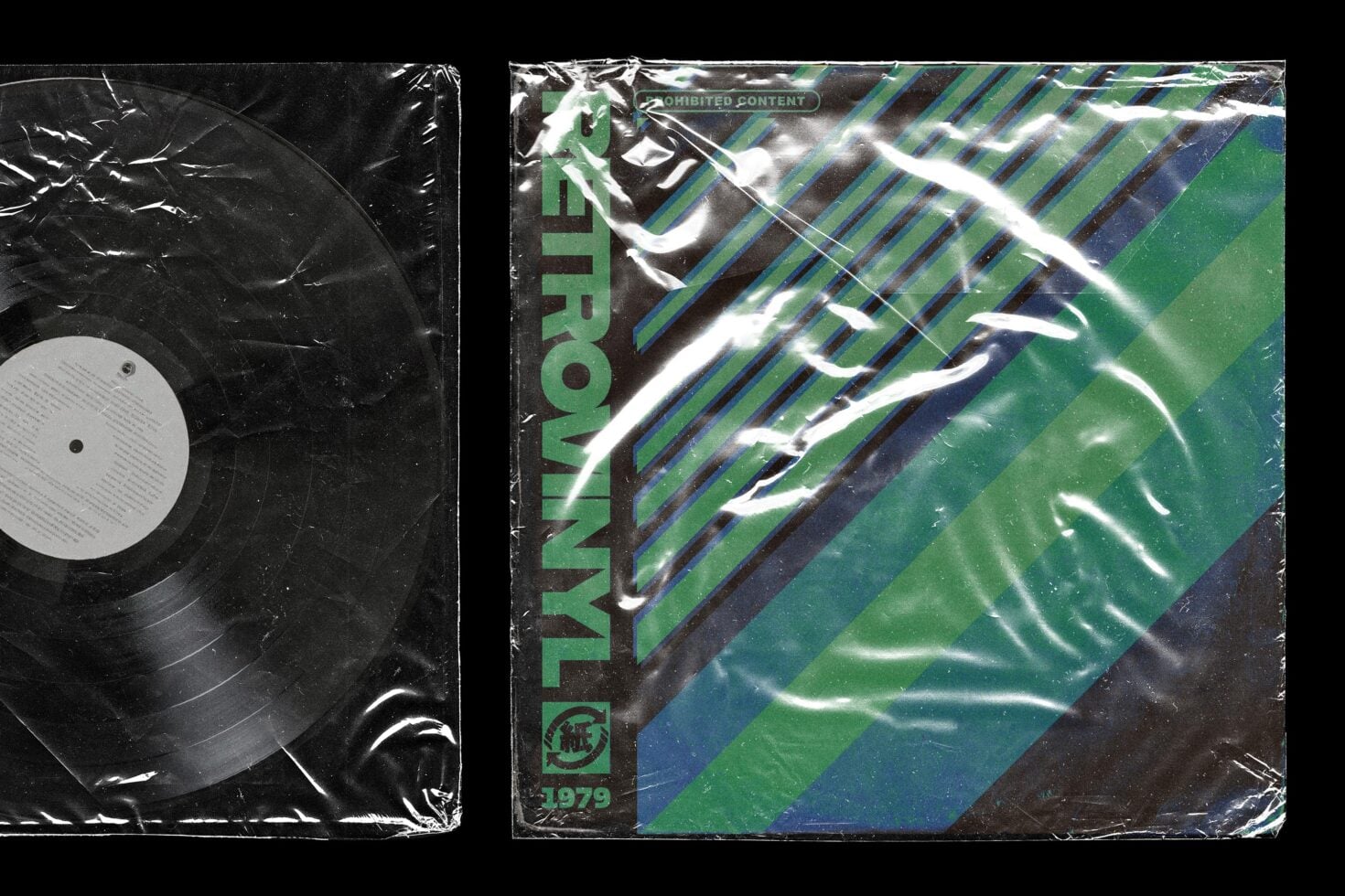 Vintage vinyl record mockup with shrink wrap, black sleeve with white label on left, neon green striped cover on right