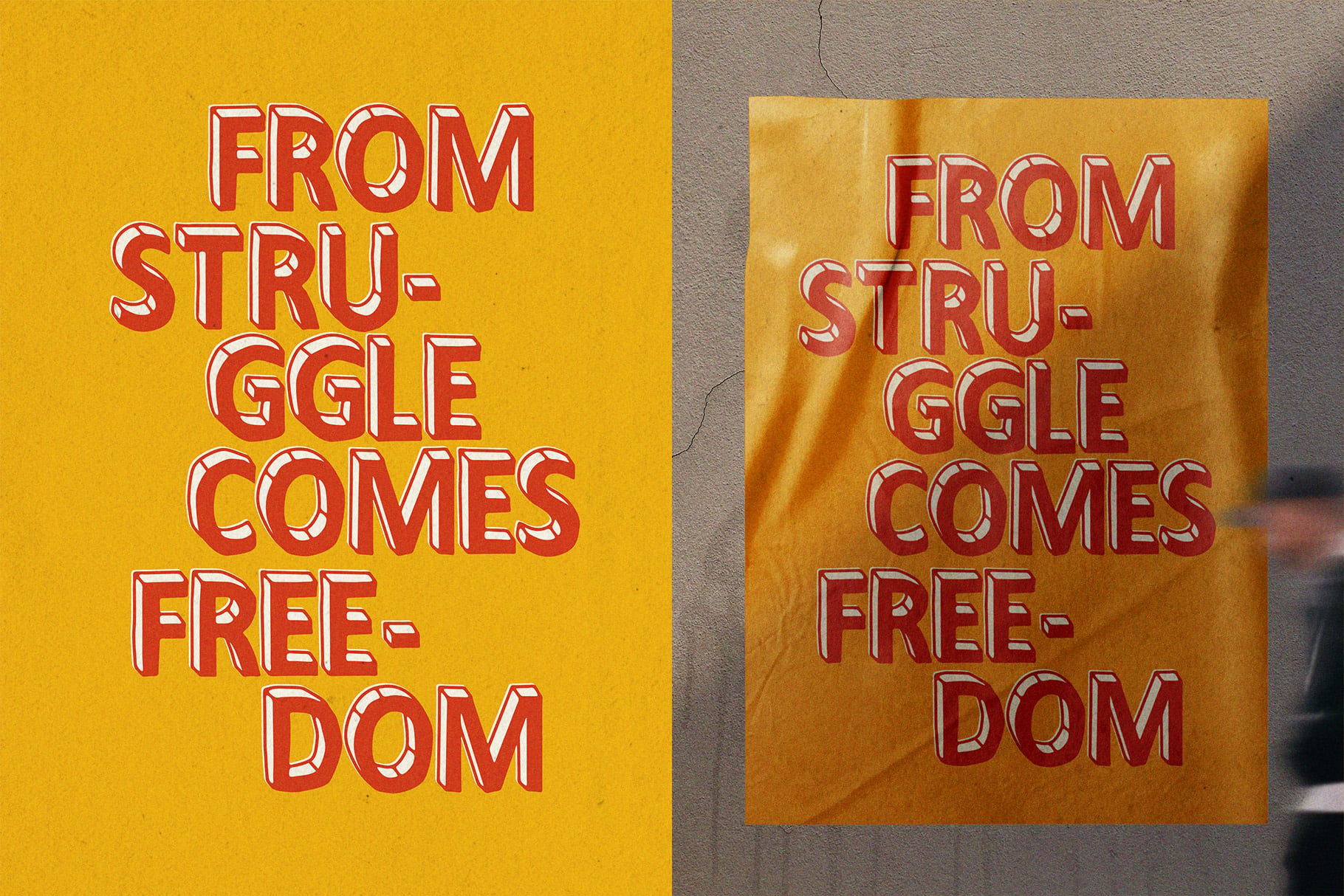 Bold red retro text on bright yellow background, same design on textured gold surface mockup
