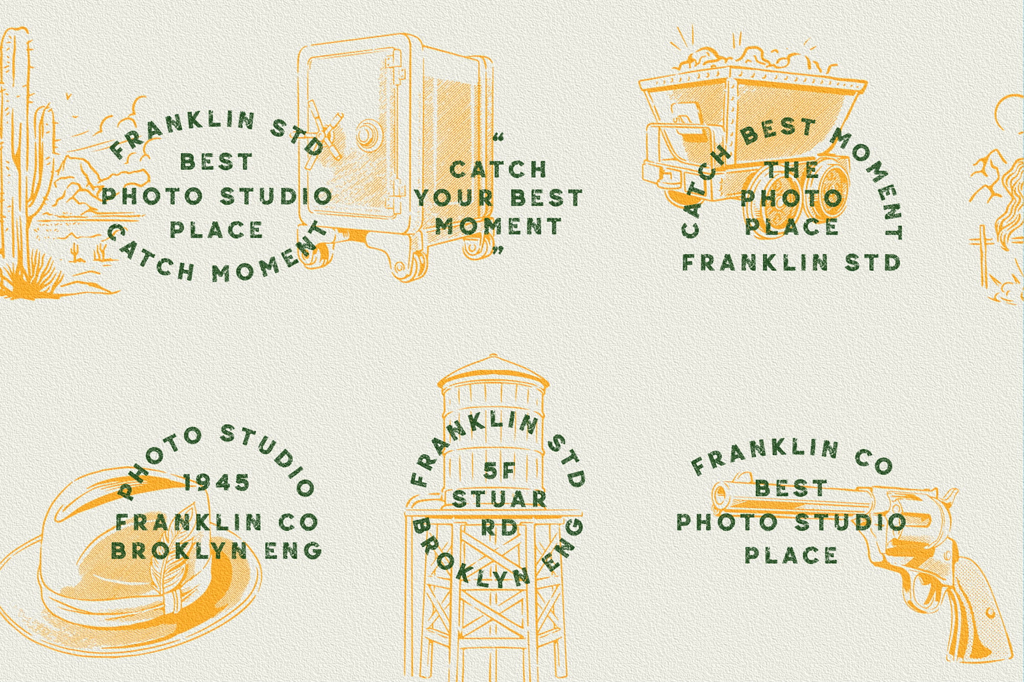 Vintage photo studio badges with hand-drawn retro cars, cameras, plus desert vibes in yellow ink