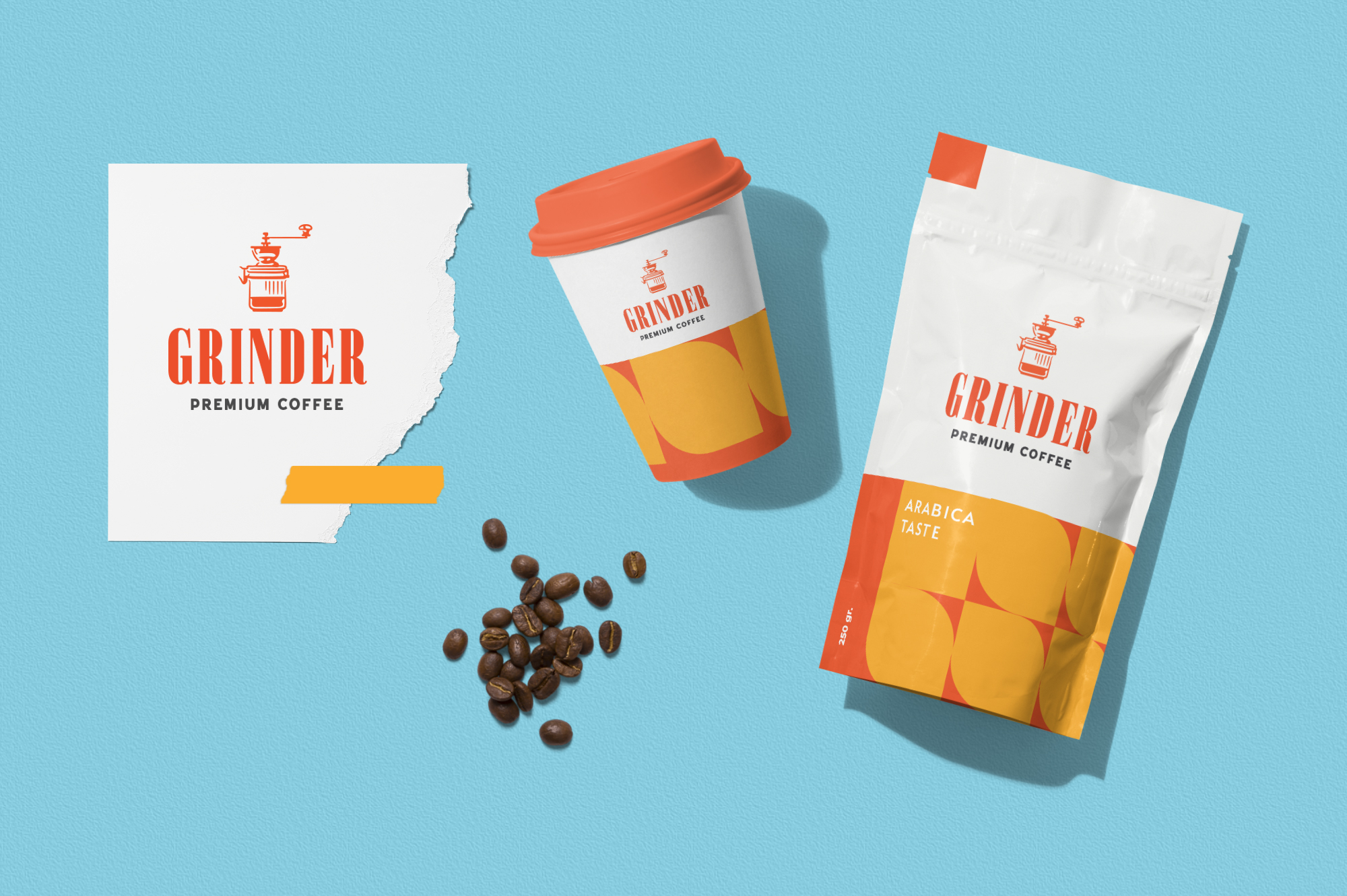 Grinder premium coffee brand mockup with cup, bag, poster, plus beans on blue