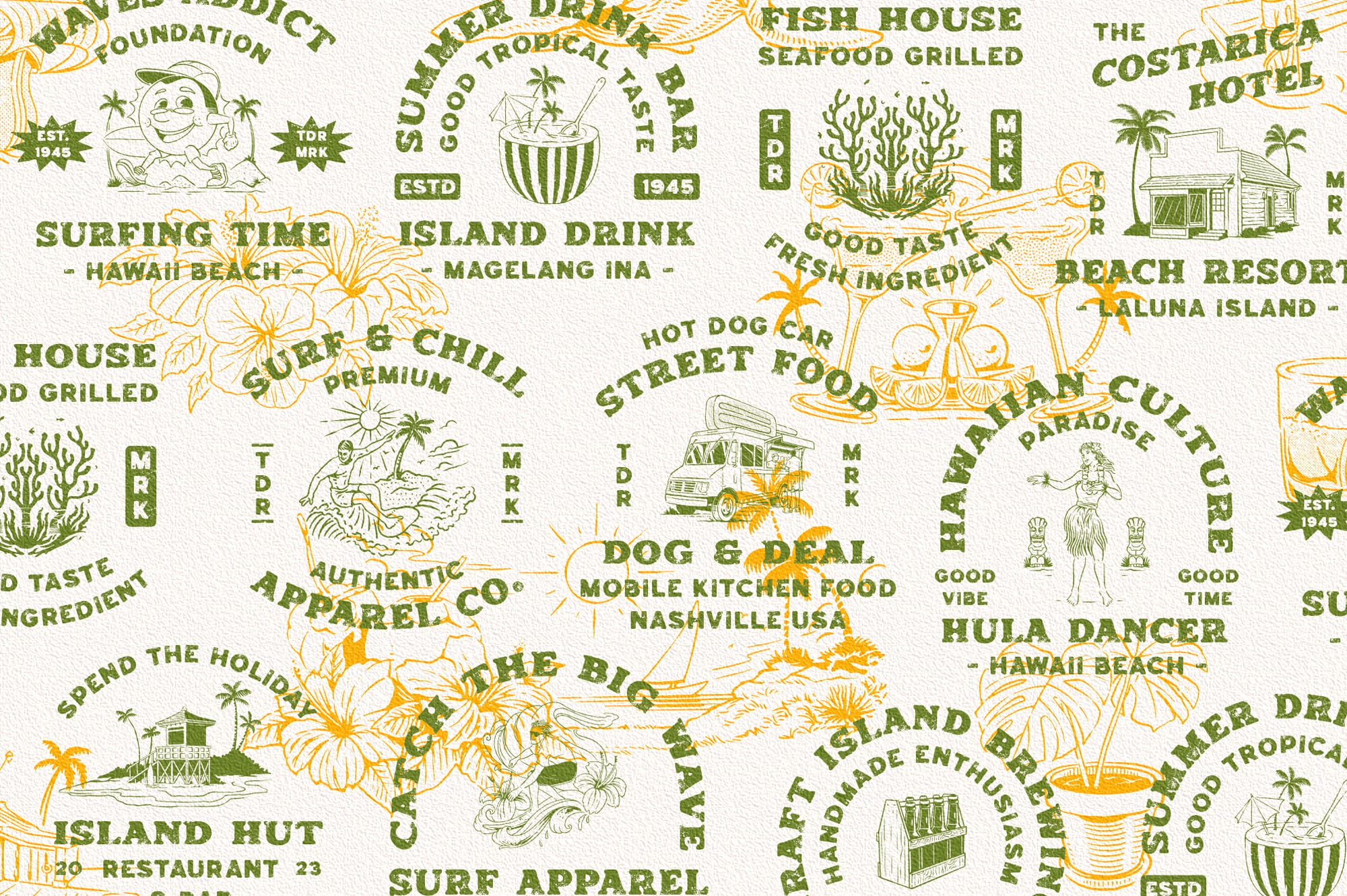 Retro tropical food truck labels, tiki bars, beach resort badges in green with orange line drawings