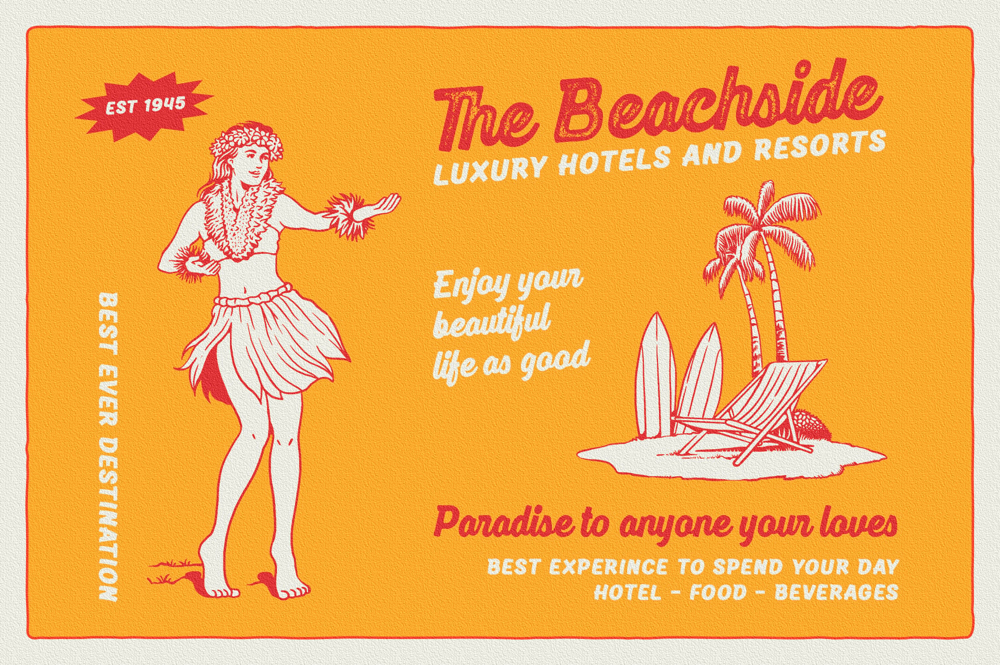 Retro beach resort postcard mockup with hula dancer, palm tree, surfboard, bright yellow background