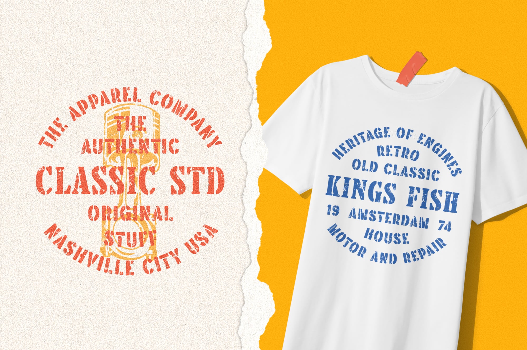 Vintage tee mockup with distressed text on white shirt, bright yellow background