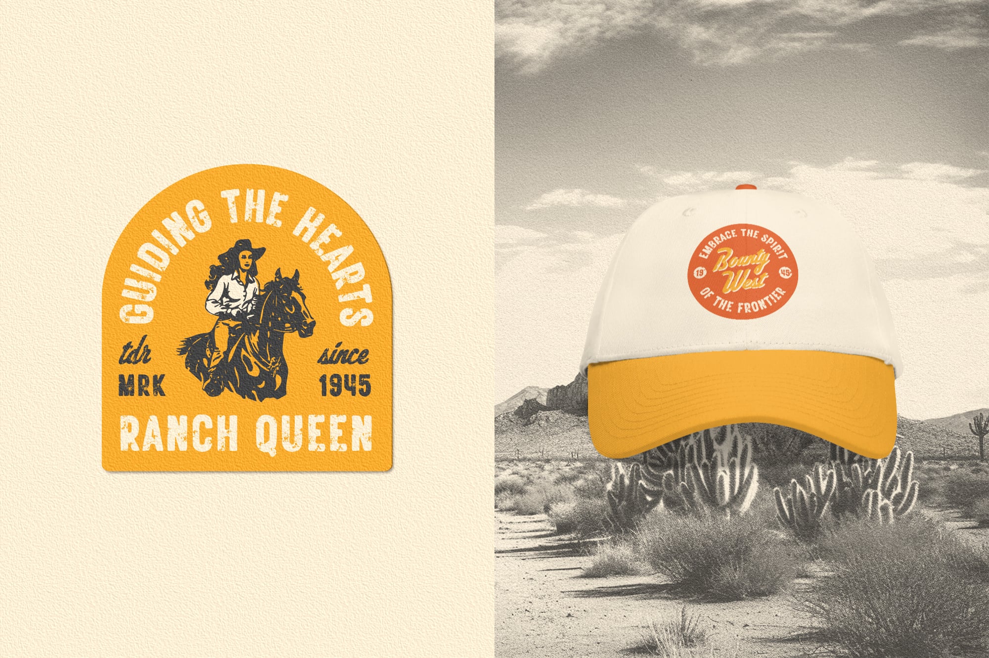 Retro western ranch badges with horseback rider, vintage desert landscape mockup on cap