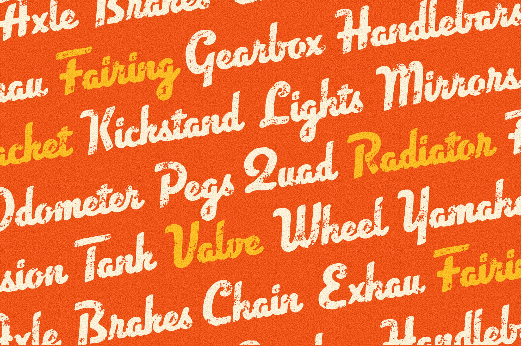 Distressed vintage script with car part names scattered across bright orange texture background