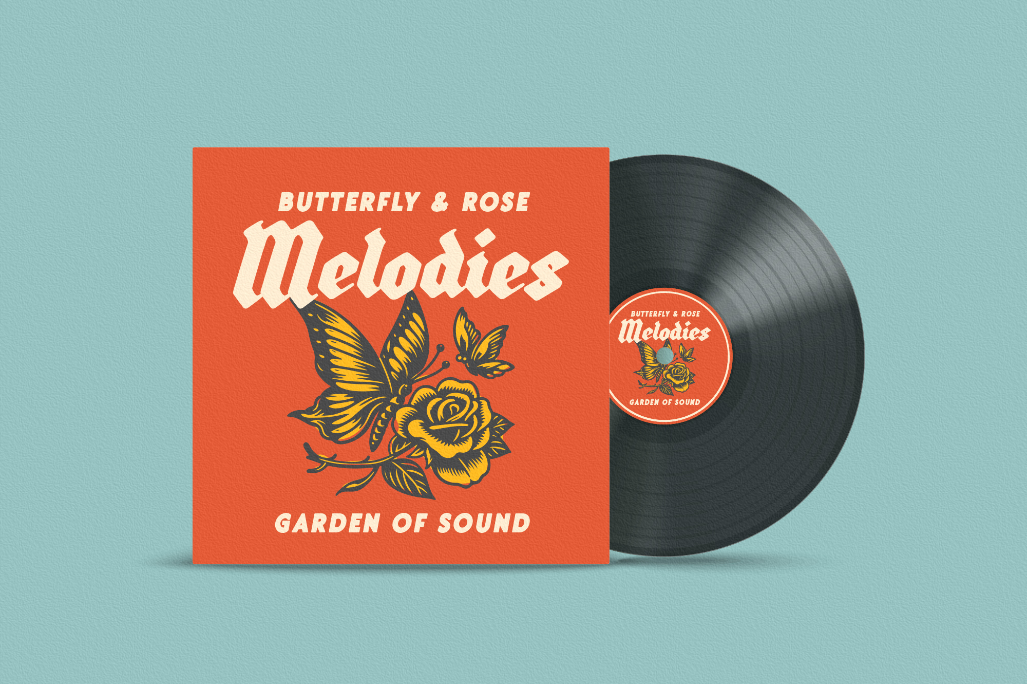 Vinyl record mockup with orange sleeve featuring butterflies, roses, plus matching black disk label on mint background