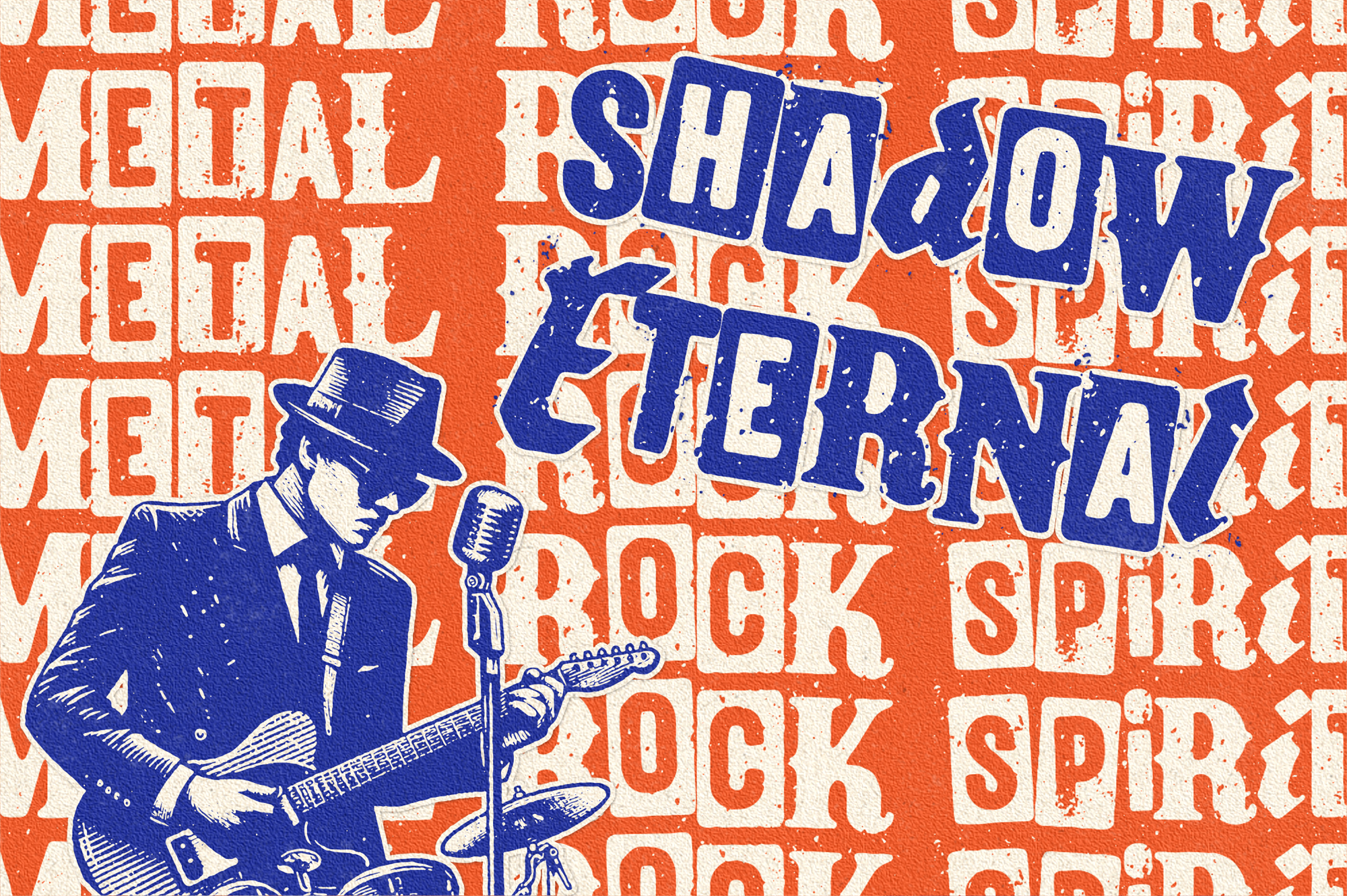 Retro shadow box poster with blue guitarist on orange rock spirit repeat pattern background