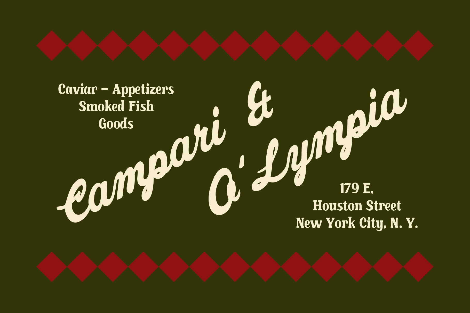 Vintage olive green label mockup for Camoari O Lympaia delicatessen with red diamond borders
