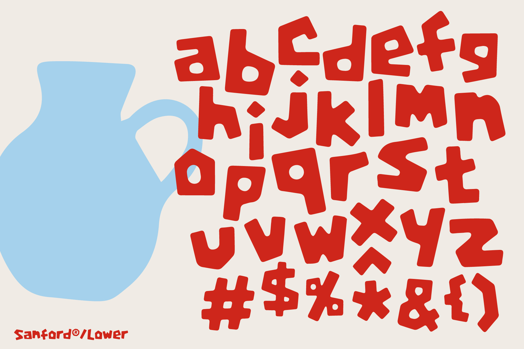 Sanford Lower font display showing chunky red letters, numbers, symbols with blue apple silhouette