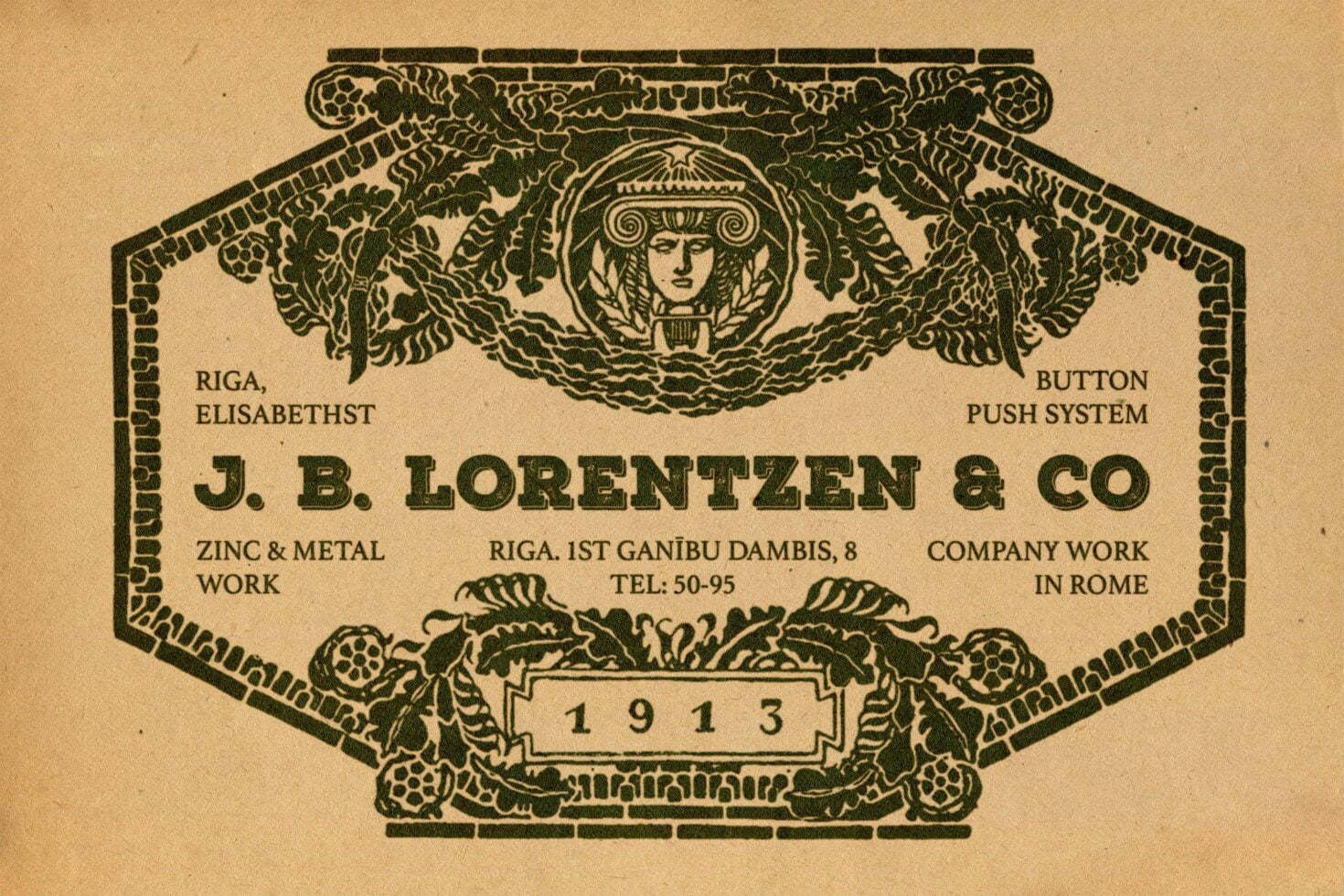 Vintage 1913 Riga label for J.B. Lorentzen metal work company with ornate art nouveau borders