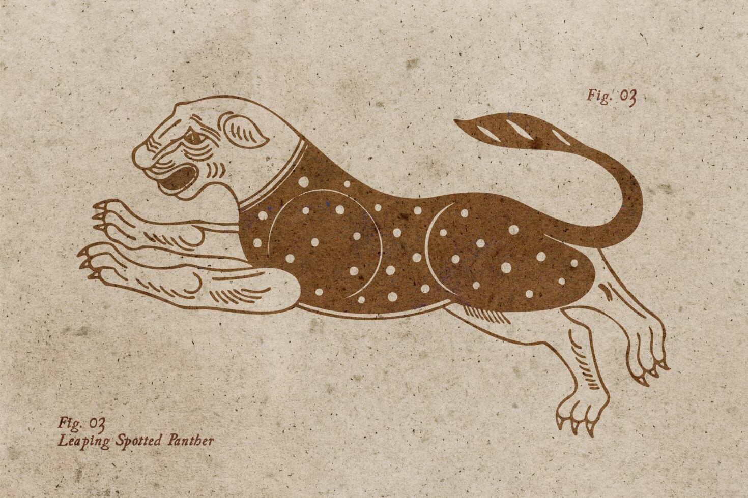 Vintage sketch of spotted panther mid-leap with detailed line work on cream paper