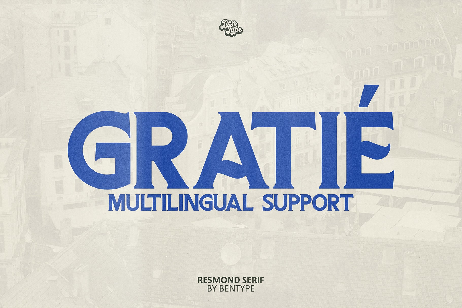 Bold blue serif font displaying "Grate" with multilingual support text over city backdrop