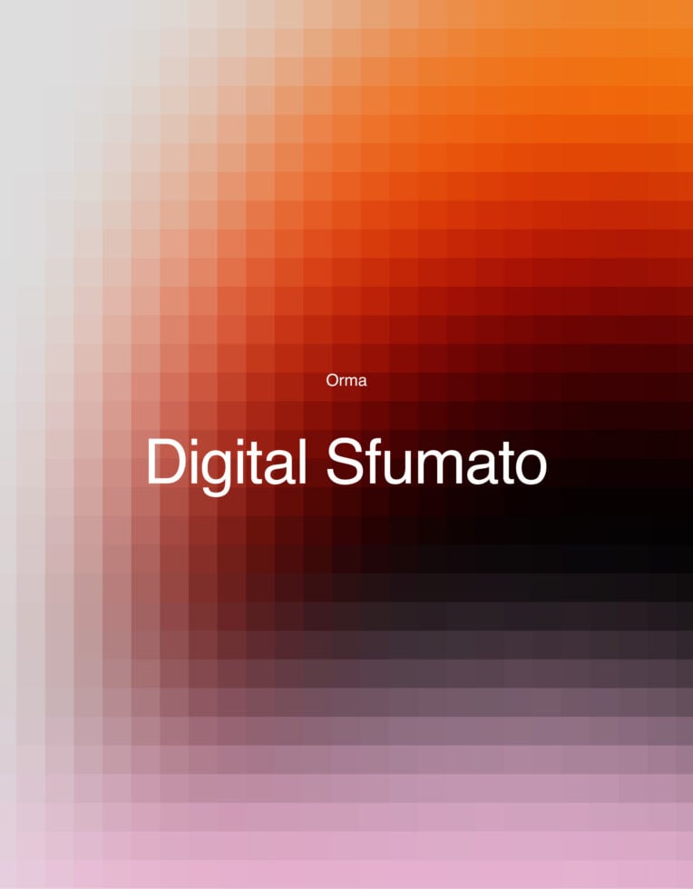 Pixelated gradient transitioning from cream through orange to deep red with Digital Sfumato typography overlay