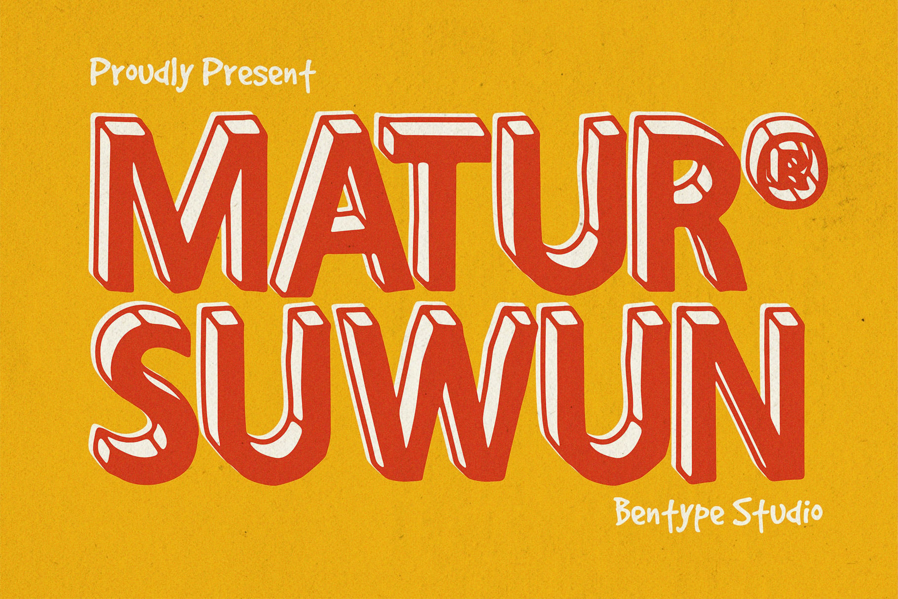 Chunky red 3D letters spelling "MATUR SOWN" on bright yellow background with retro vibe