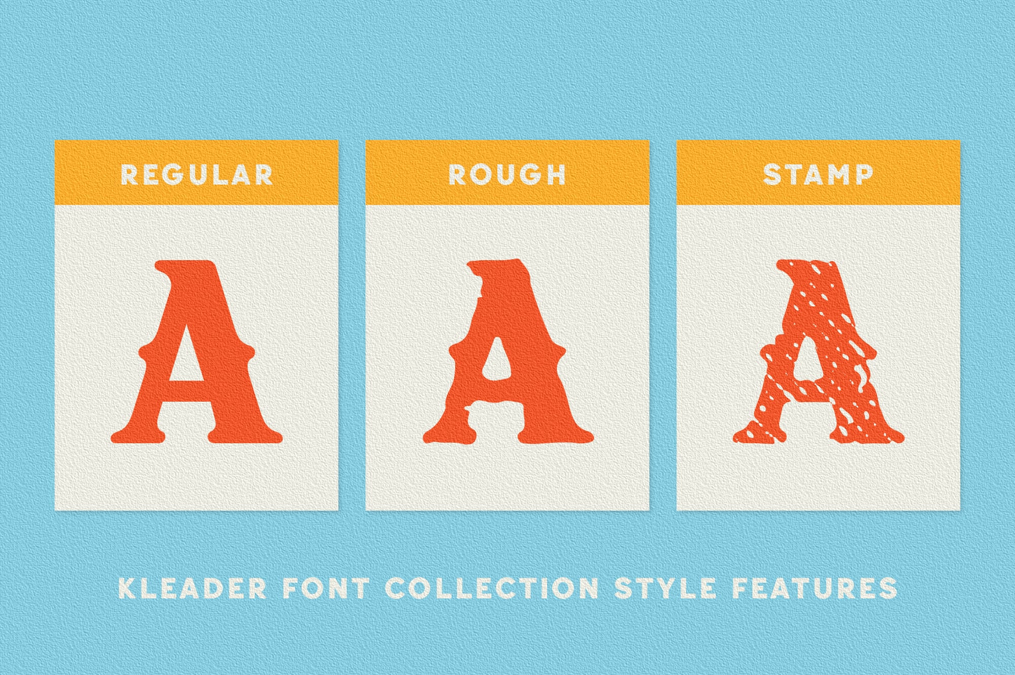 Kleader font collection showing regular, rough, plus stamp texture variations of letter A