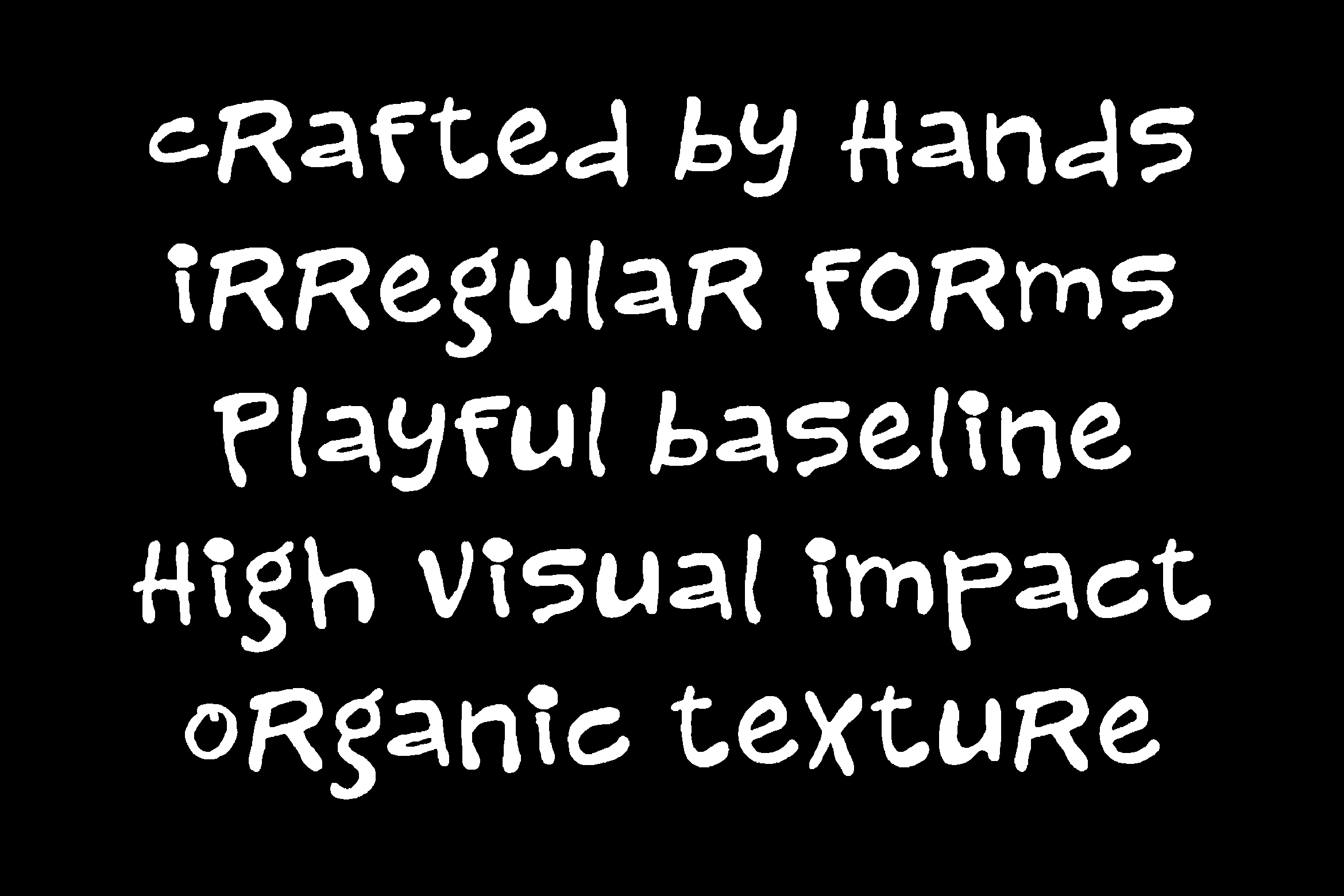 Handwritten font with wonky letters, organic texture, raw marker style on black