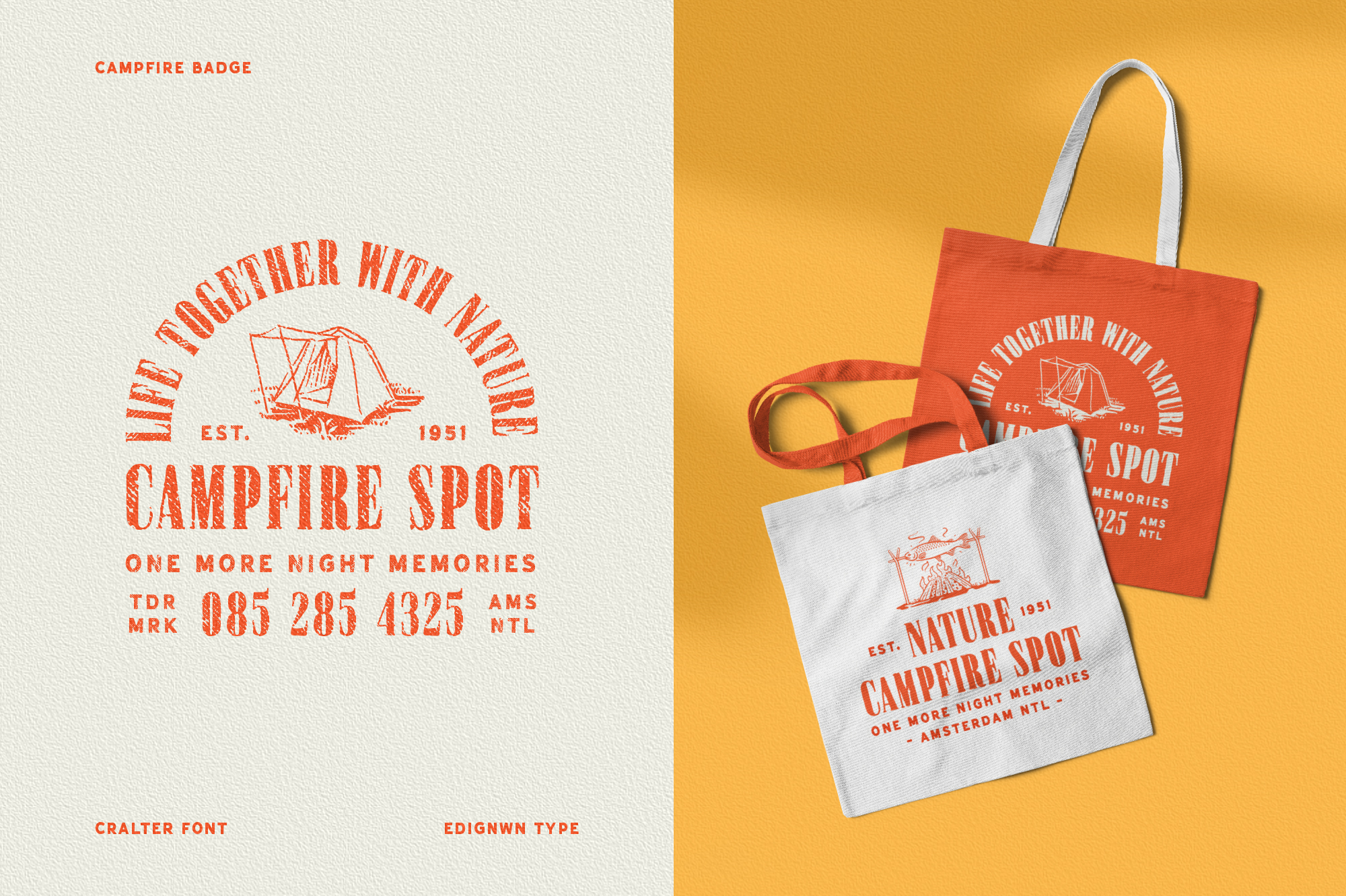 Campfire Spot retro badge design on tote bag mockup with vintage tent graphic in burnt orange