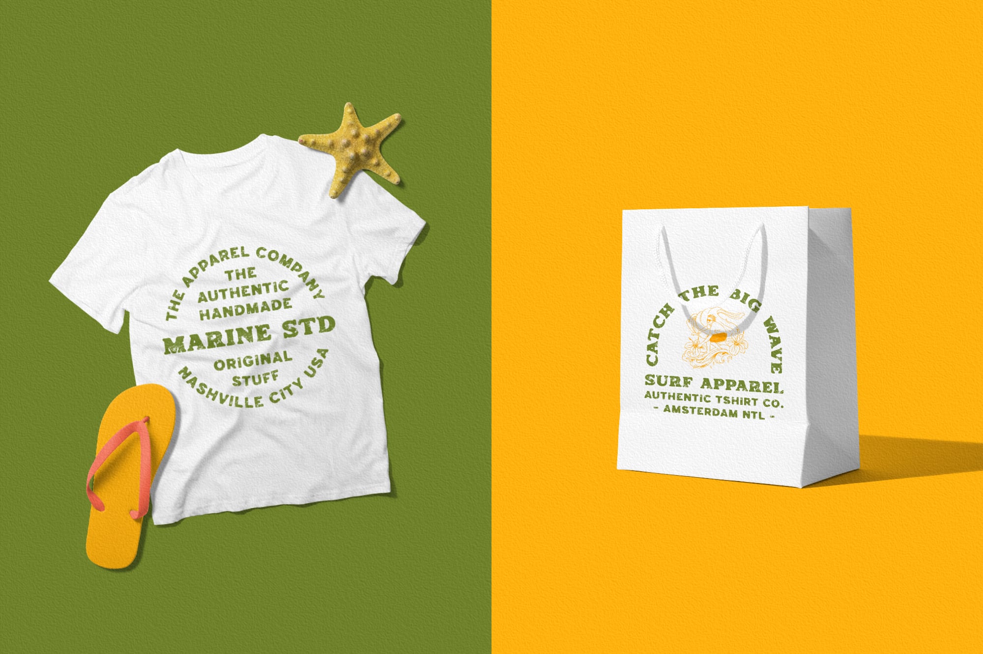 Split screen mockup showing white tee with vintage marine text on green, packaging on yellow