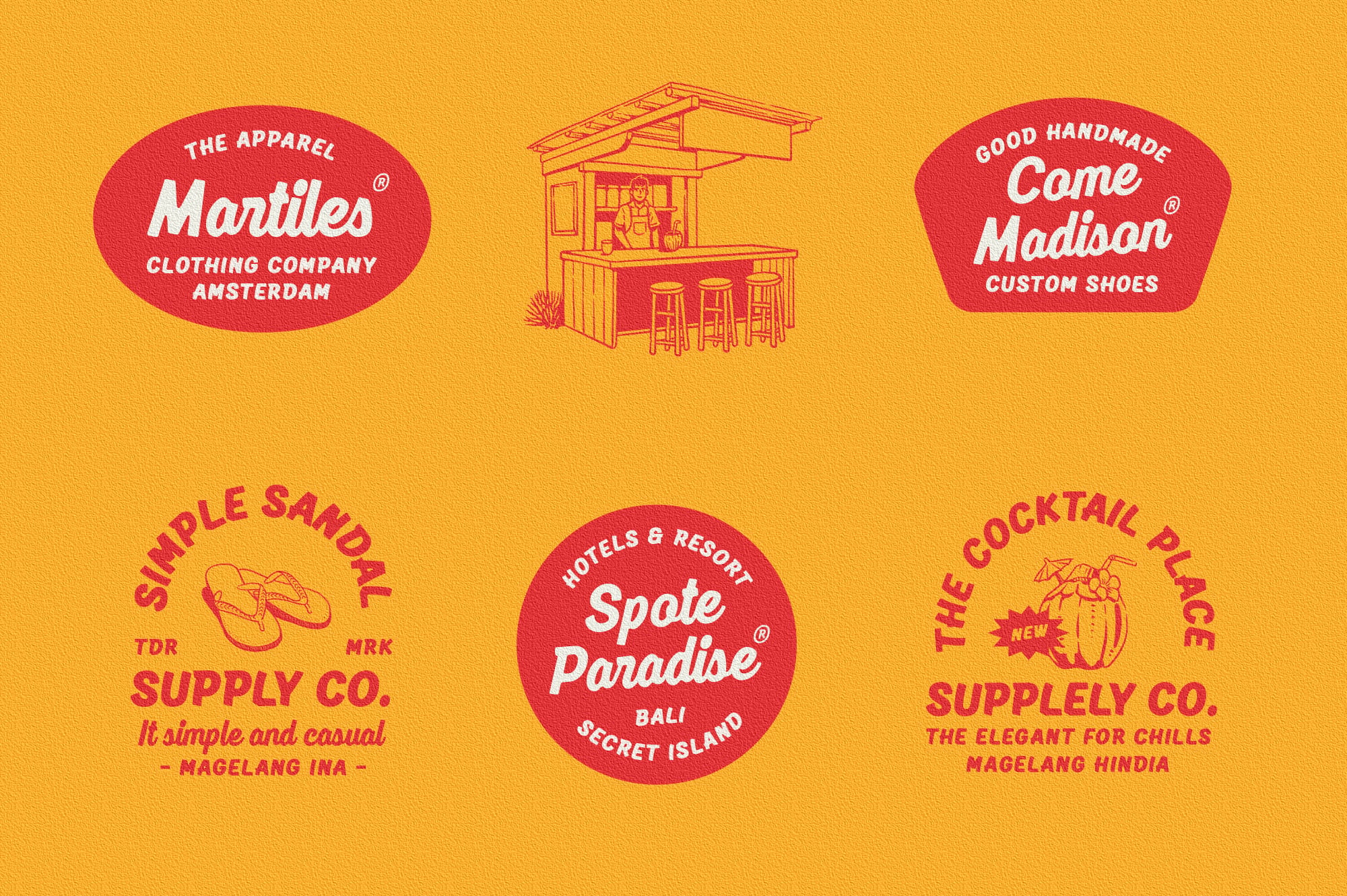 Vintage badge collection in red on golden yellow with retro brand logos including clothing company, custom shoes, resort hotel, plus bar illustration