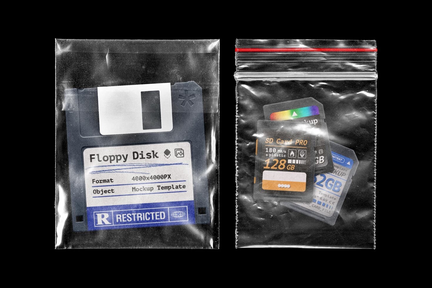 Retro floppy disk mockup next to modern SD cards in clear plastic bags, 4000x4000px template