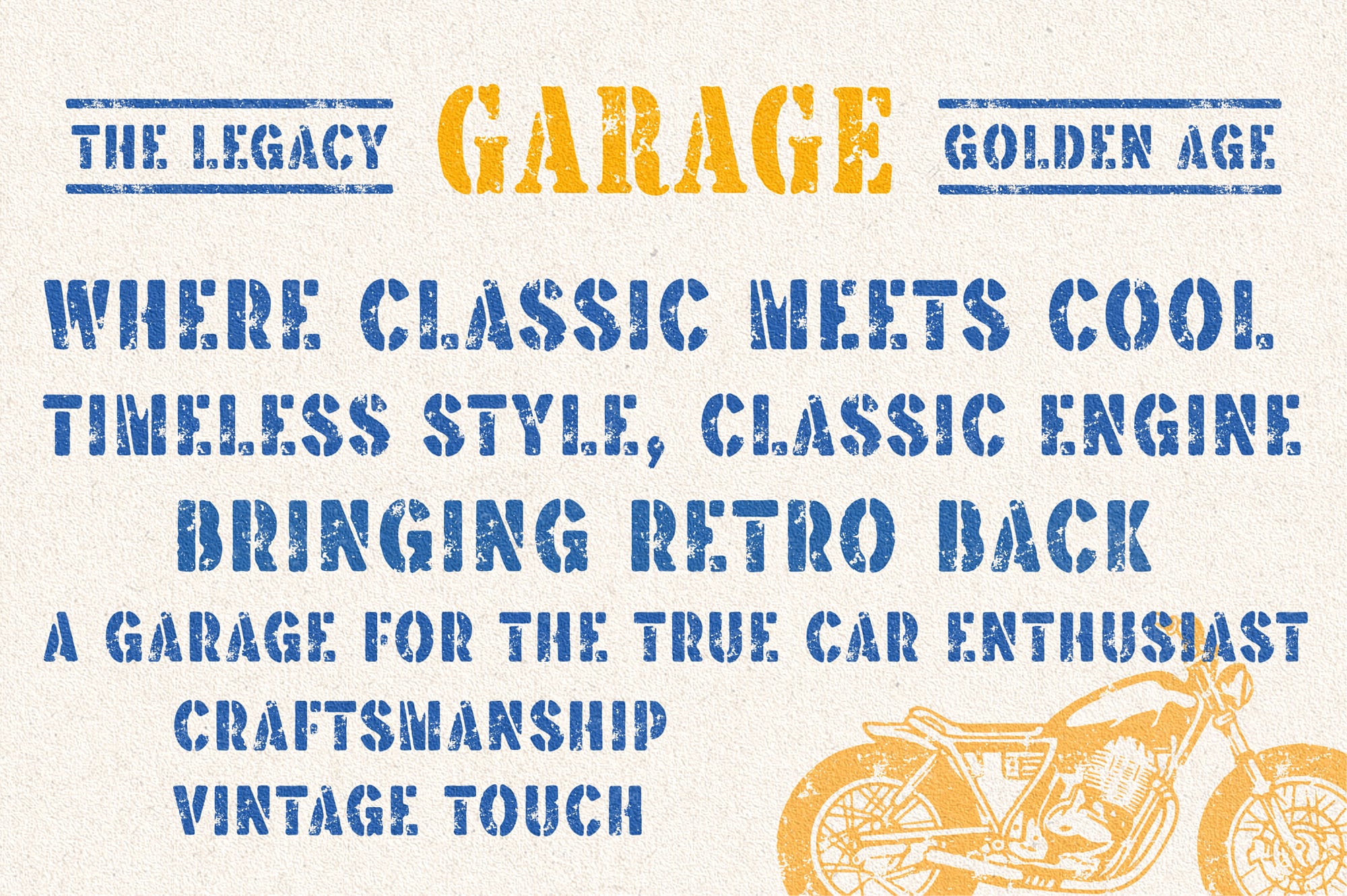 Retro garage poster with distressed blue type, golden motorcycle, vintage car culture vibes