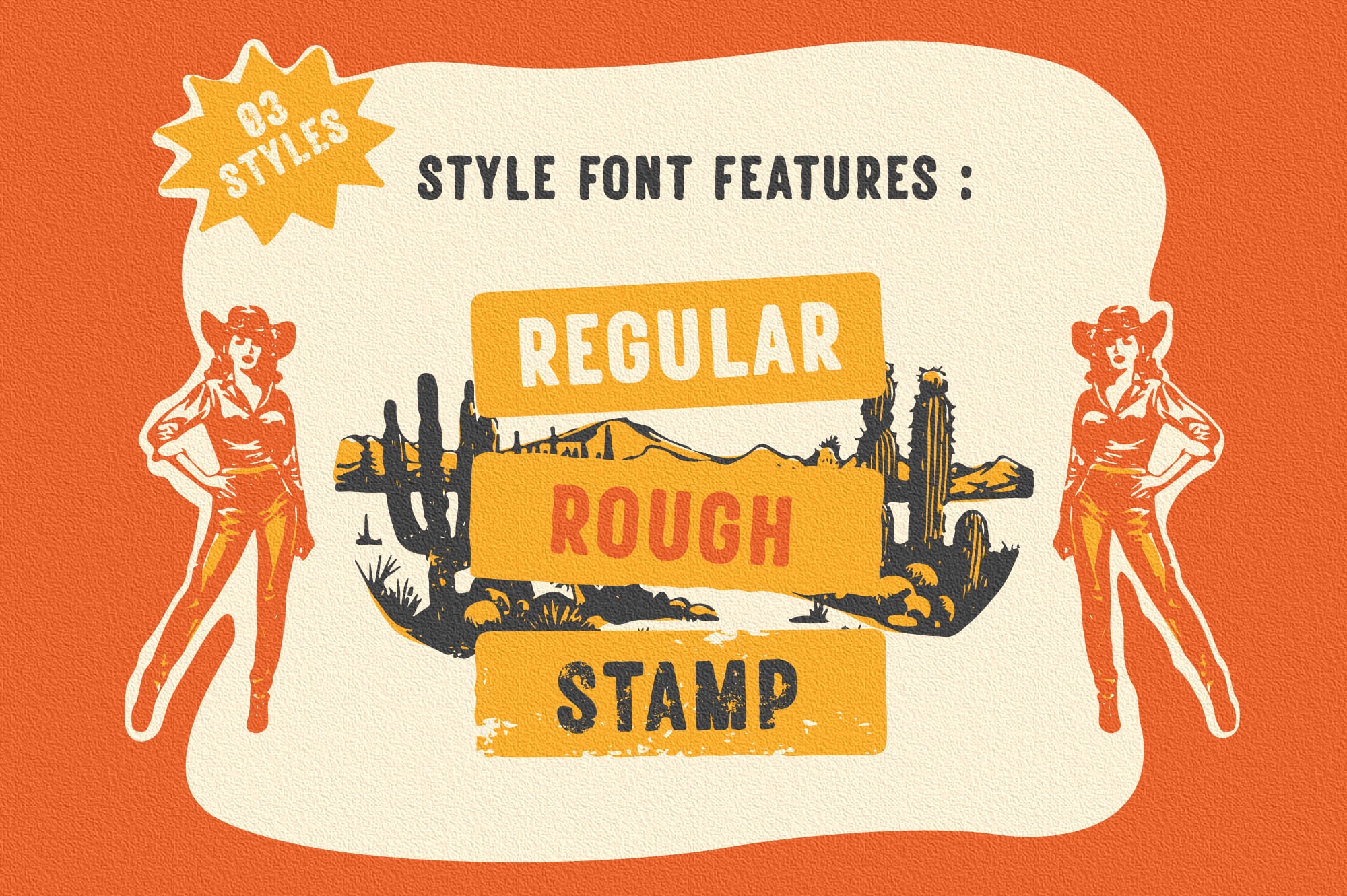 Retro western font display showing regular, rough, stamp styles with cowgirl illustrations on orange background