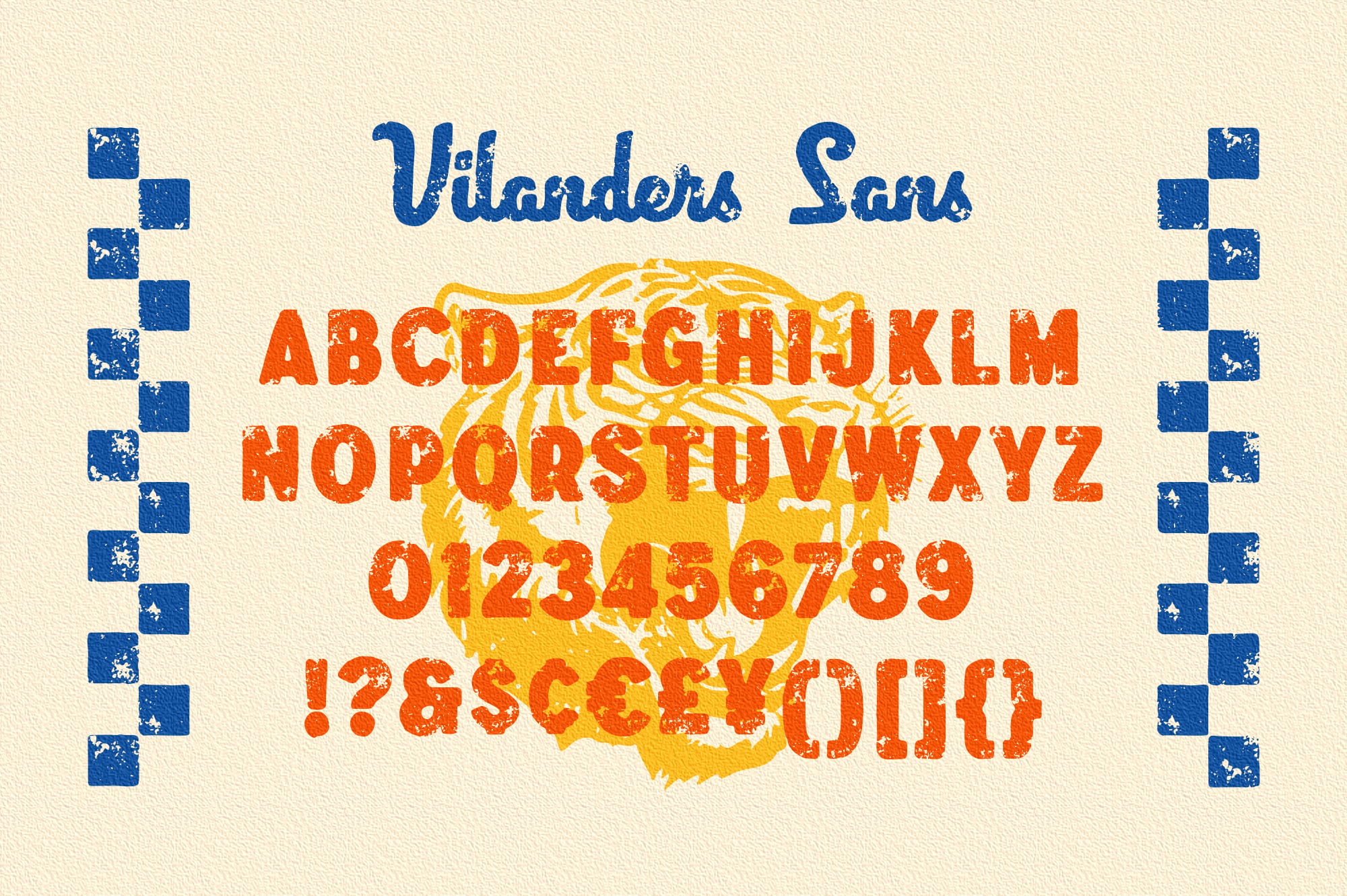 Vilanders Sans typeface showing full alphabet, numbers, punctuation with distressed texture