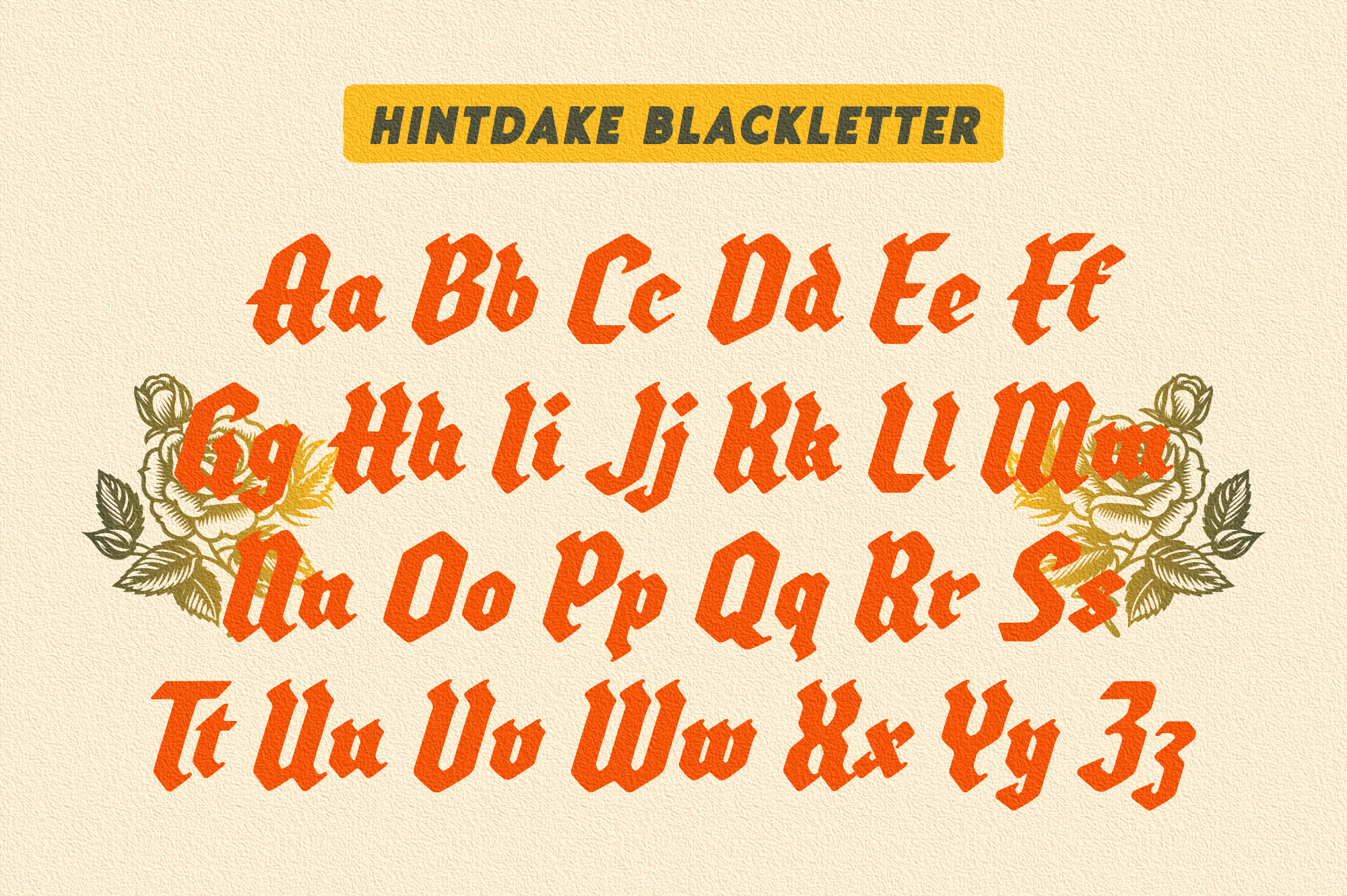 Hindake Blackletter font display showing full alphabet in bold orange italic with decorative floral elements