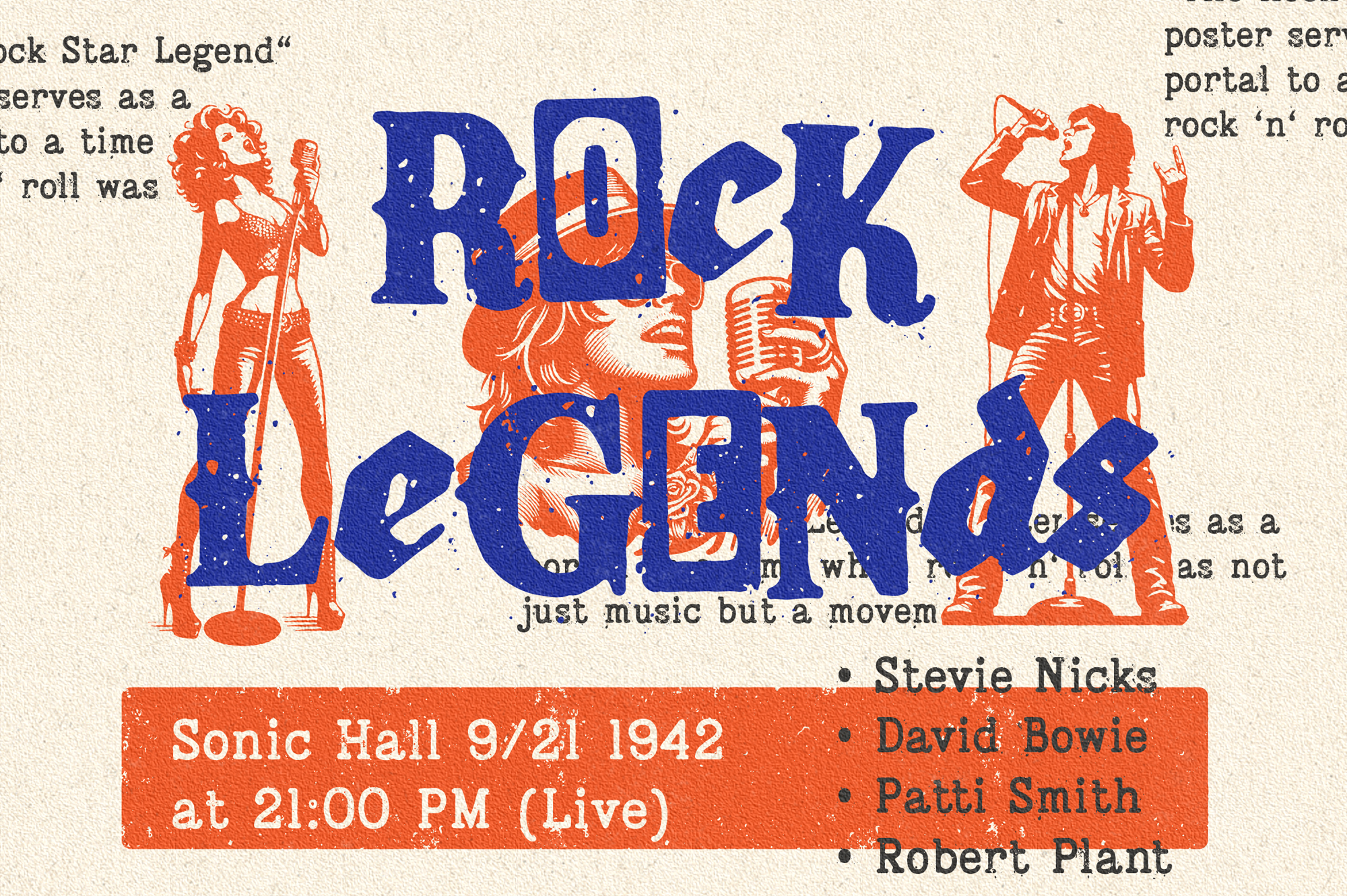 Vintage rock legend poster with bold blue lettering, red illustrated musicians, cream background, concert details at bottom