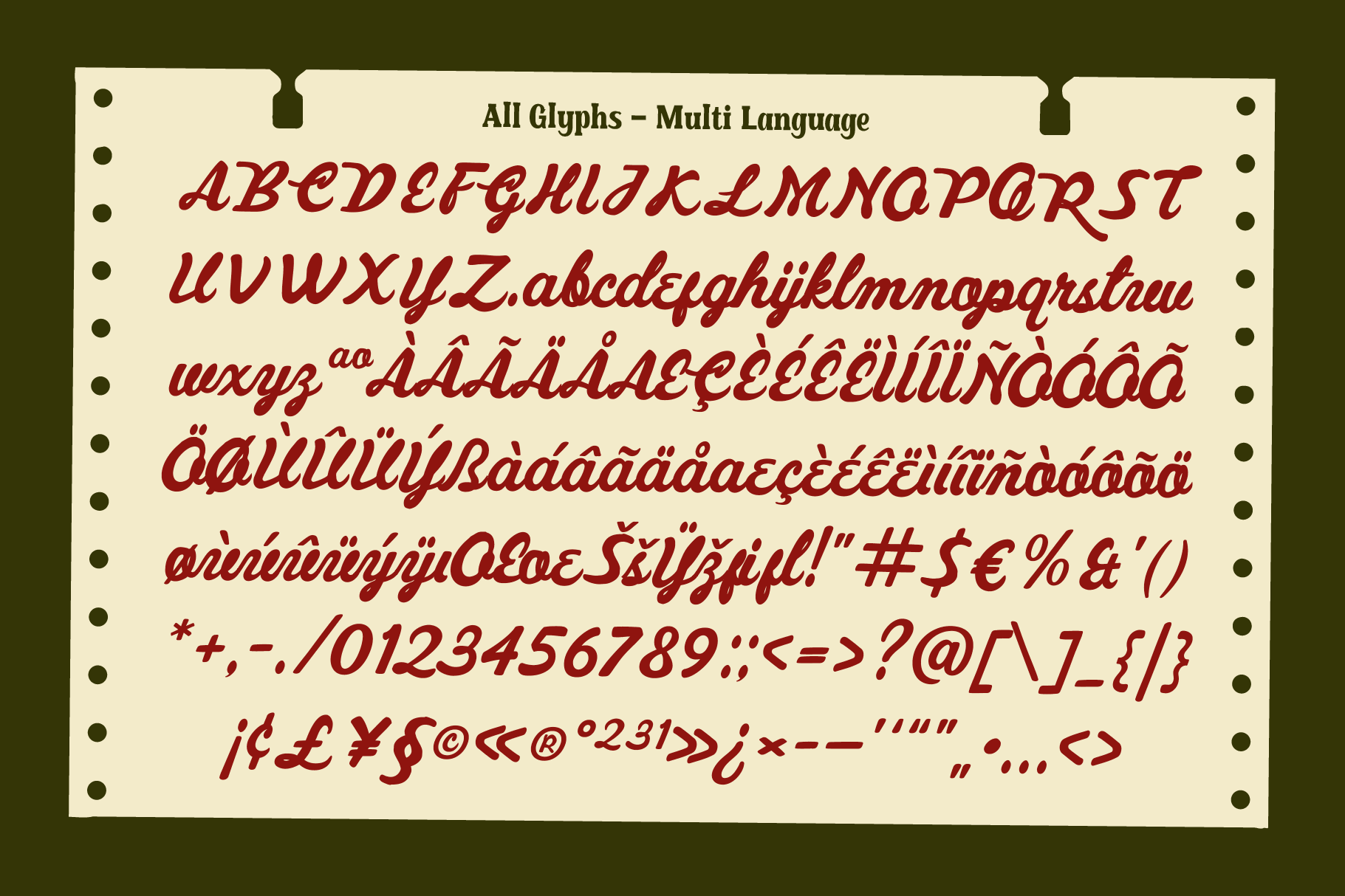 Burgundy italic script font with full character set including accents, numbers, symbols on cream paper background