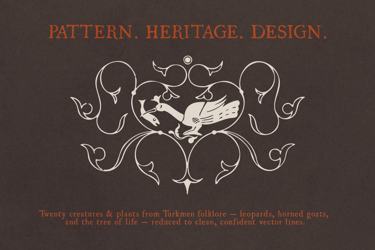 Ornate line art with leopards, horned goats, swirling vines on dark background